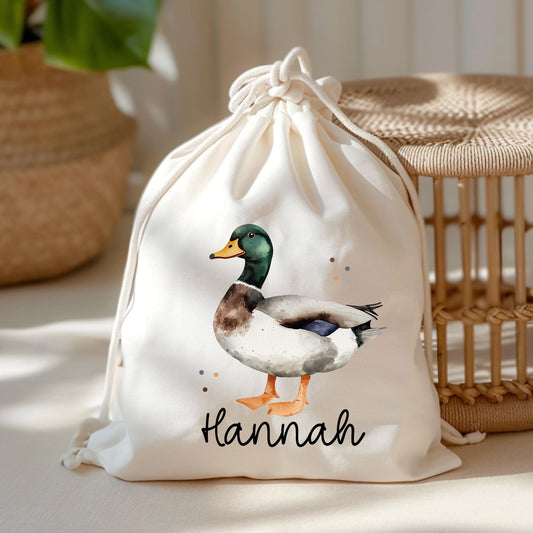 Ente Turnbeutel Personalisiert mit Namen Tasche Rucksack als Kindergarten, Sportbeutel, Schule, KITA Wäschebeutel Weihnachten Nikolaus  kleinebuchstaben Turnbeutel Schriftart 1 