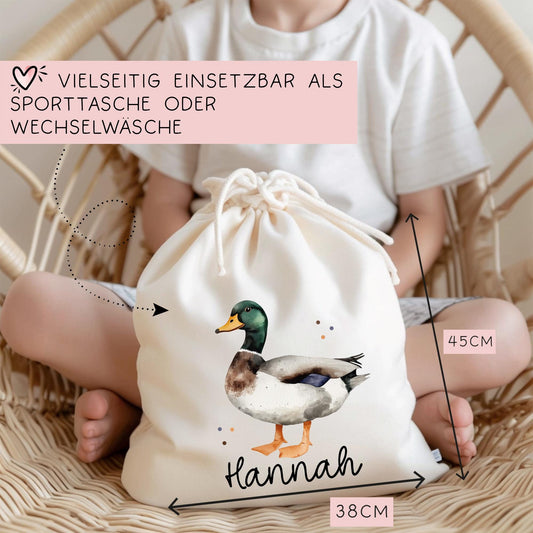 Ente Turnbeutel Personalisiert mit Namen Tasche Rucksack als Kindergarten, Sportbeutel, Schule, KITA Wäschebeutel Weihnachten Nikolaus  kleinebuchstaben   