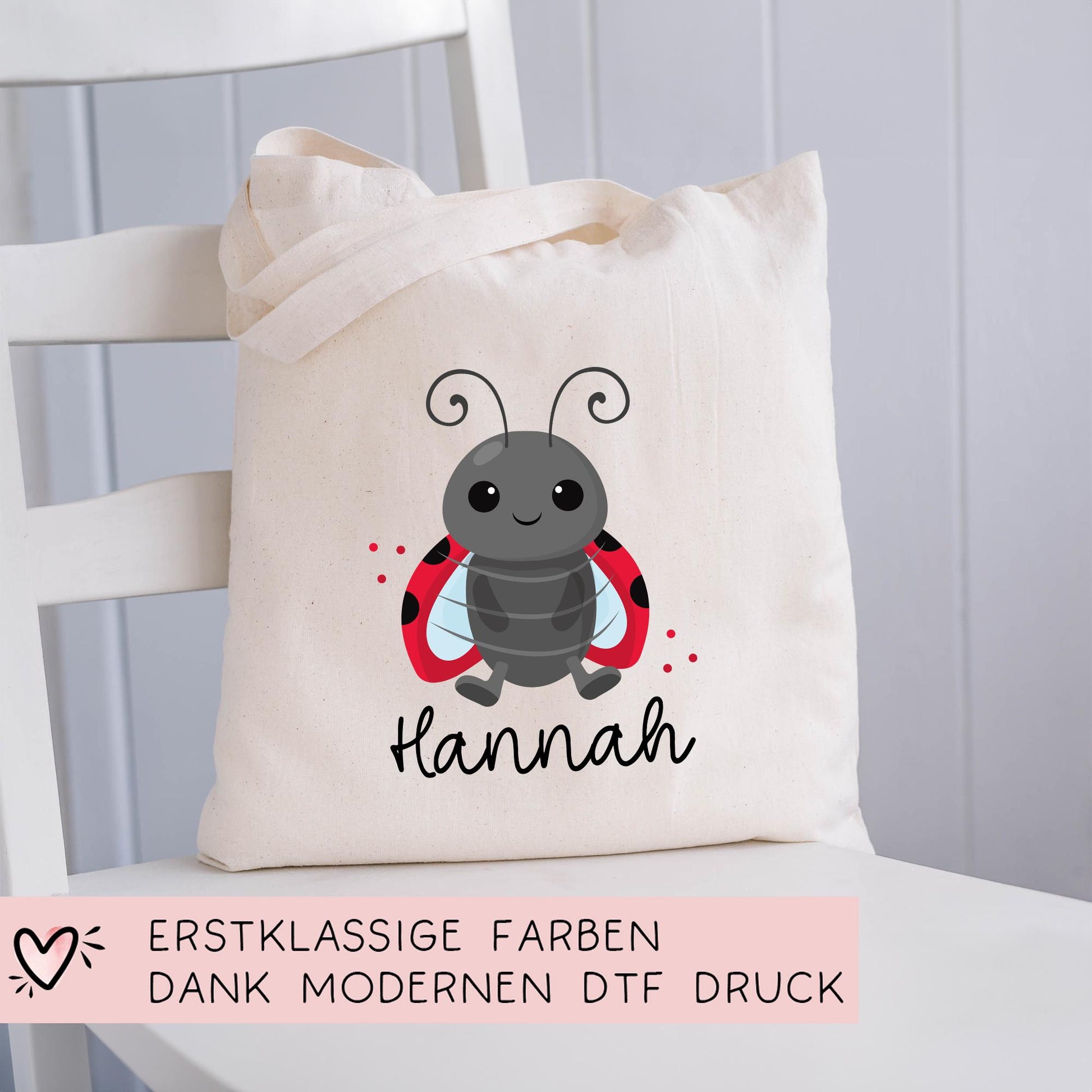 Marienkäfer Stofftasche Tasche Personalisiert & Name - Kinder Beutel Kindertasche mit Wunschname - Wechselwäsche Jutebeutel - Kindergarten  kleinebuchstaben   