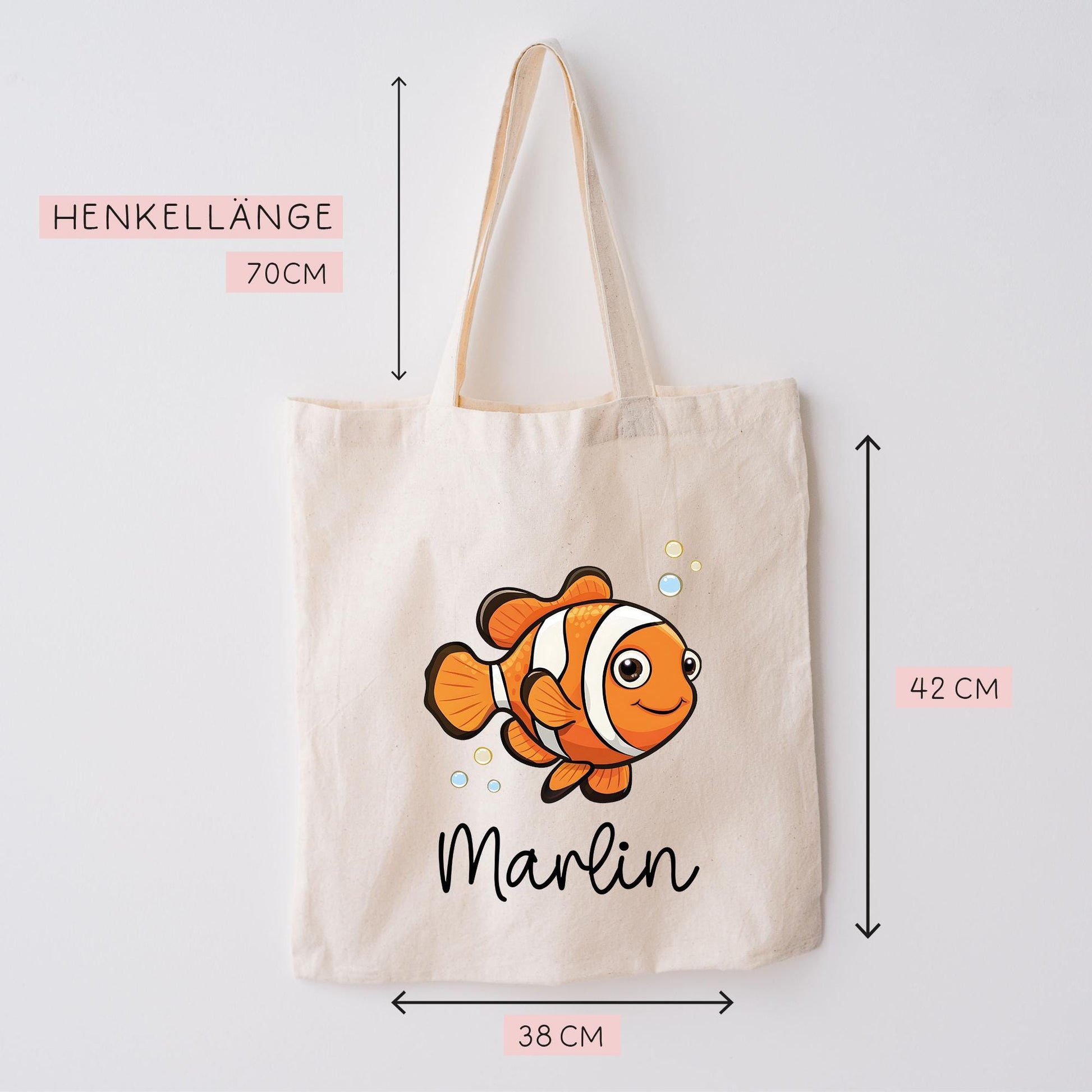 Stofftasche Clownfisch Personalisiert Tasche Anemonenfisch - Beutel Kindertasche mit Wunschname - Wechselwäsche Jutebeutel - Kindergarten  kleinebuchstaben   