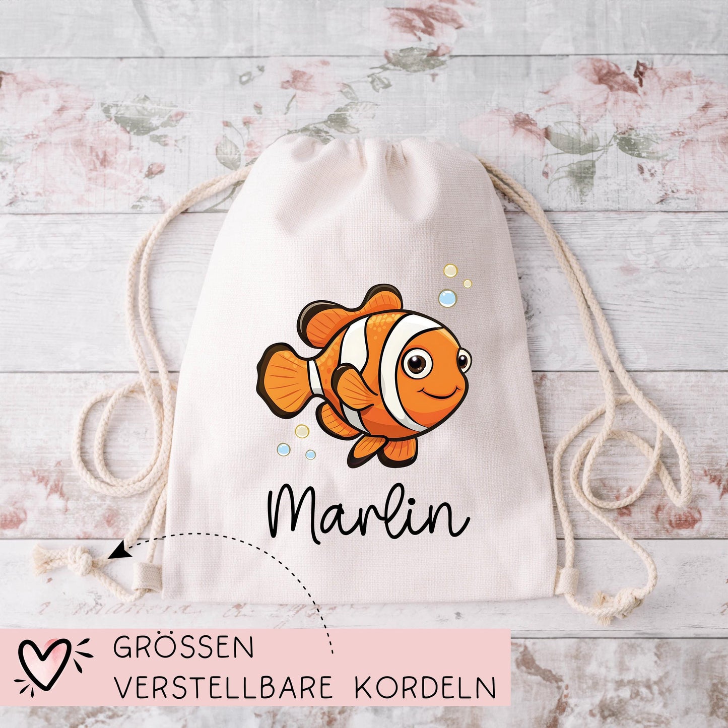 Stofftasche Clownfisch Personalisiert Tasche Anemonenfisch - Beutel Kindertasche mit Wunschname - Wechselwäsche Jutebeutel - Kindergarten  kleinebuchstaben   