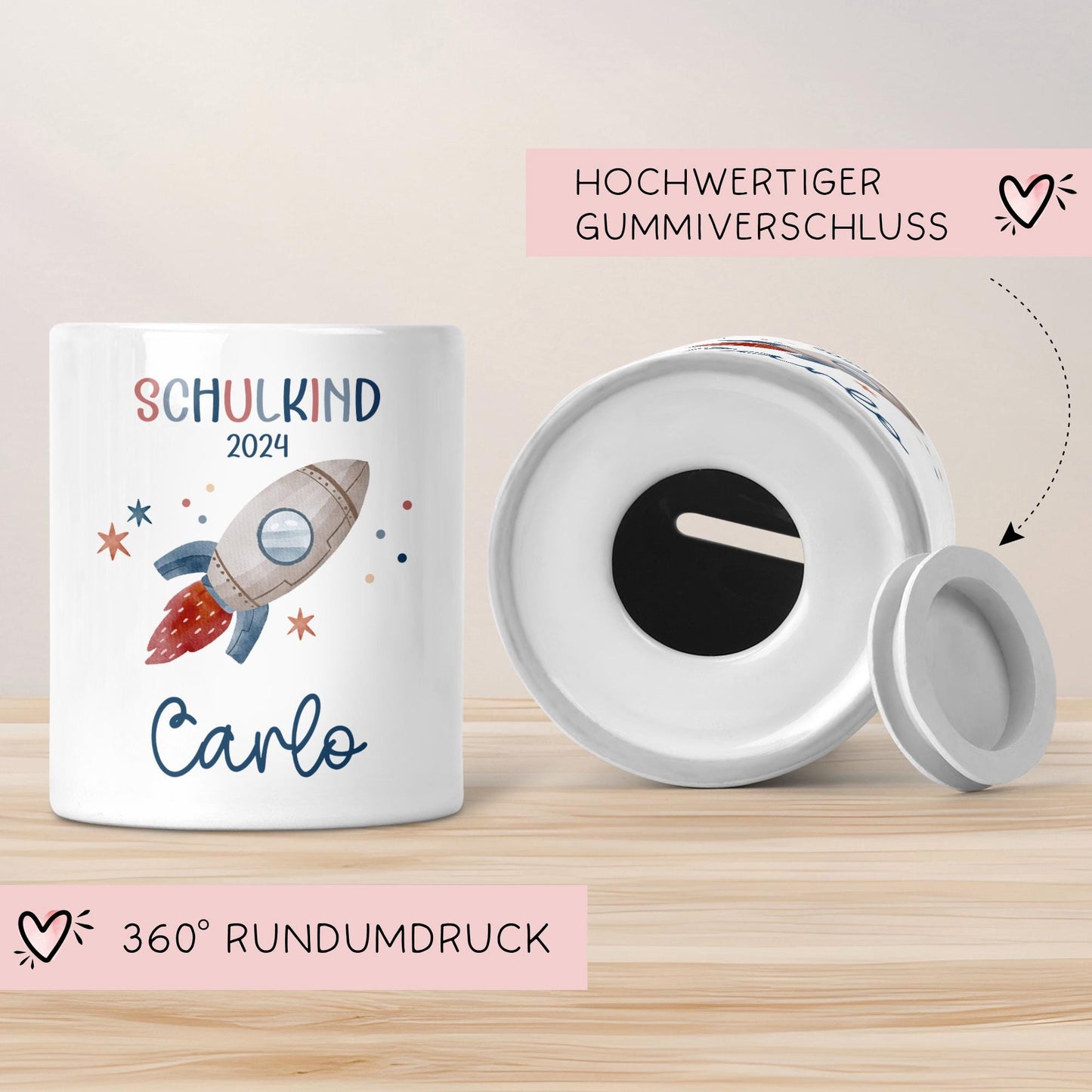 Schulkind 2024 Spardose für Kinder Personalisiert Rakete Weltraum mit Namen - Blau - Geschenk für Junge & Mädchen zur Einschulung  kleinebuchstaben   