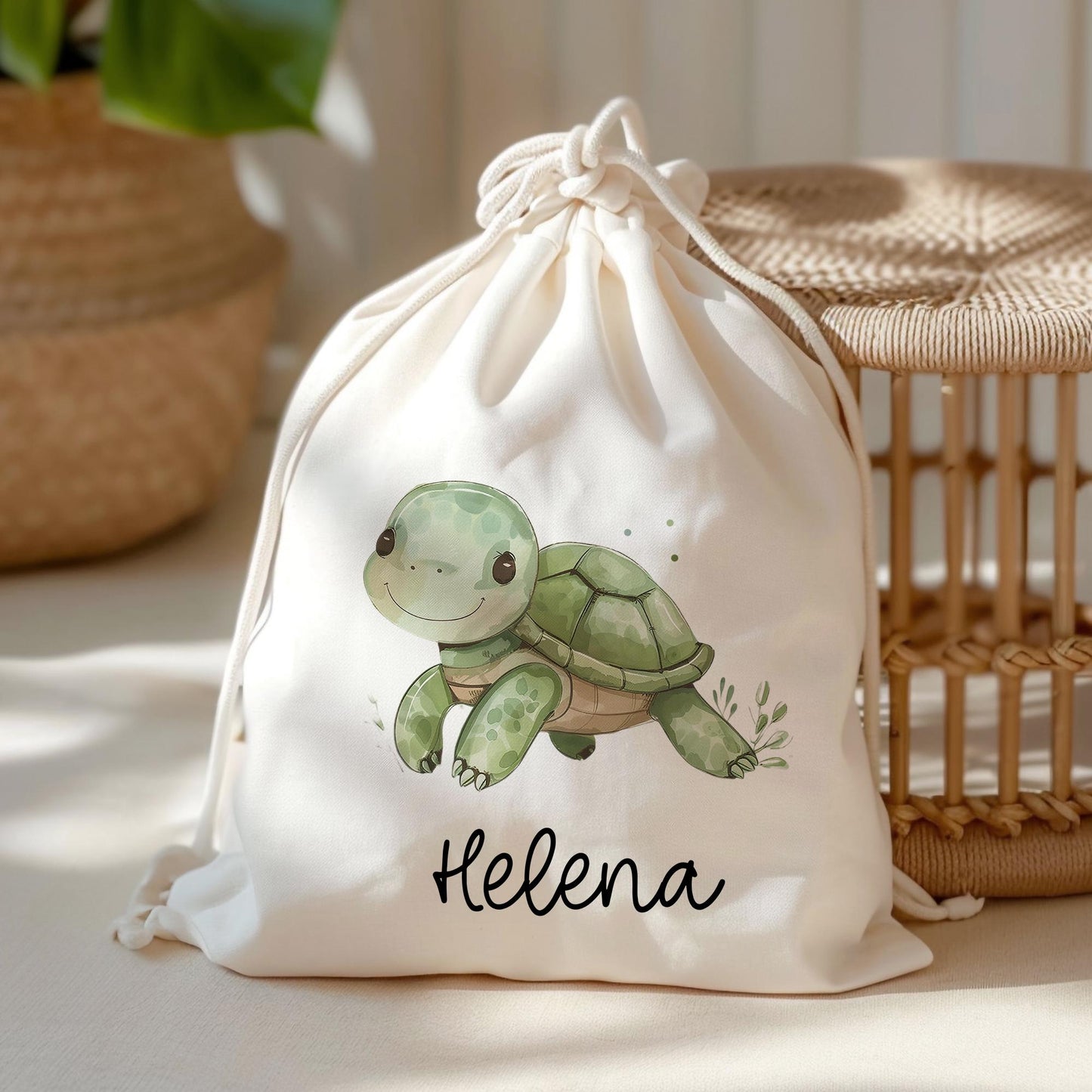 Personalisierte Stofftasche Schildkröte - Kinder Beutel Kindertasche mit Namen - Wechselwäsche, Schmutzwäsche Tragetasche - Wechselkleidung  kleinebuchstaben Turnbeutel Schriftart 1 