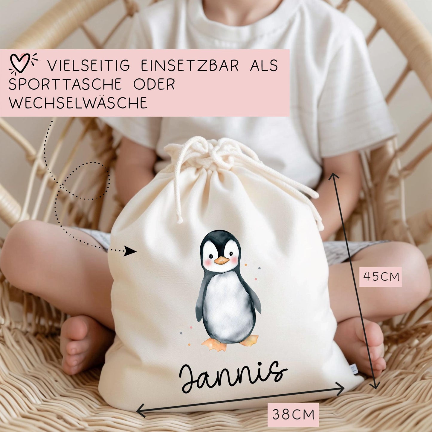 Stofftasche mit Namen Pinguin - Personalisierte Kinder Beutel Kindertasche - Wechselwäsche, Schmutzwäsche Tragetasche - Wechselkleidung  kleinebuchstaben   