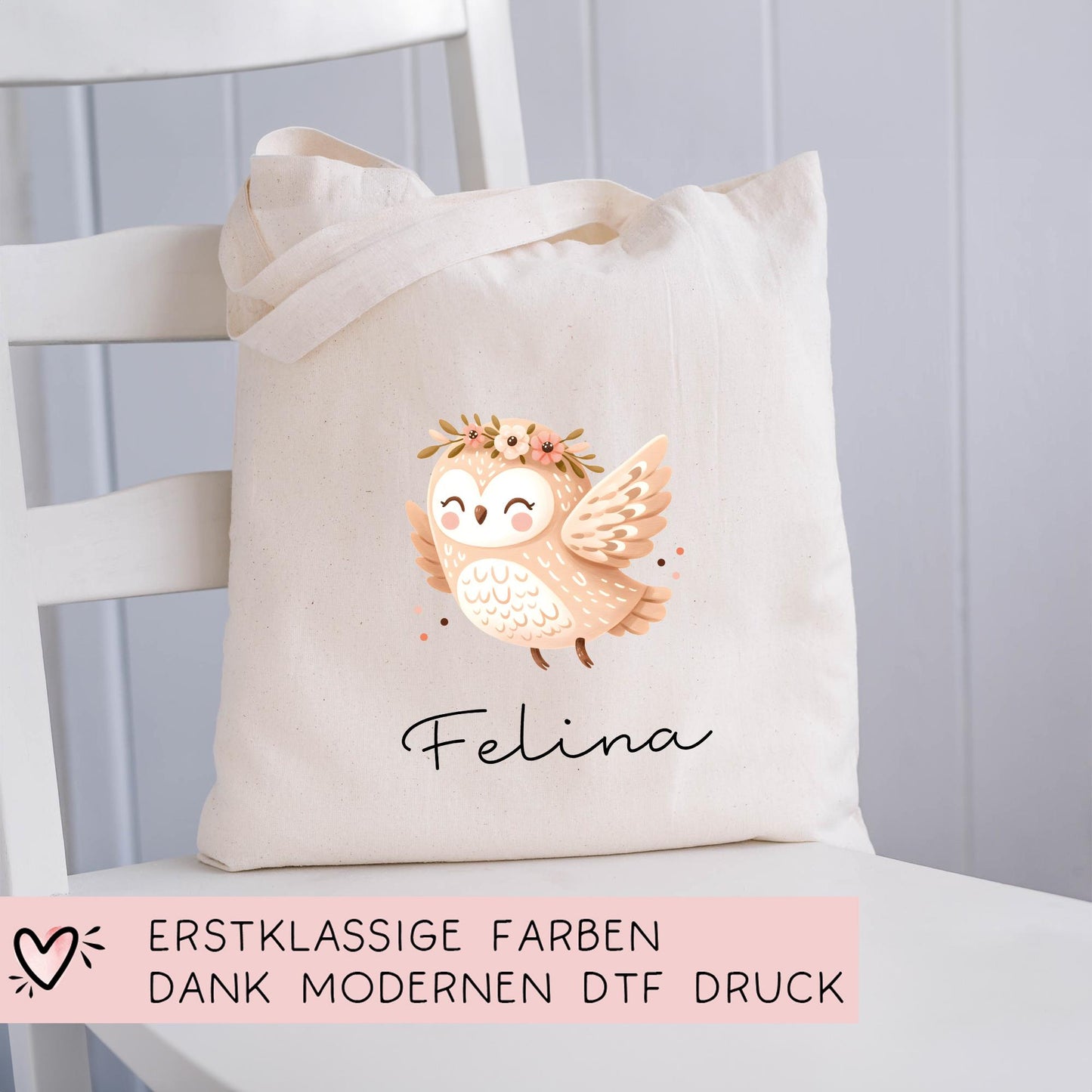 Stofftasche Beutel mit Namen Eule - Personalisierte Kinder Beutel Kindertasche - Wechselwäsche, Schmutzwäsche Tragetasche - Wechselkleidung  kleinebuchstaben   