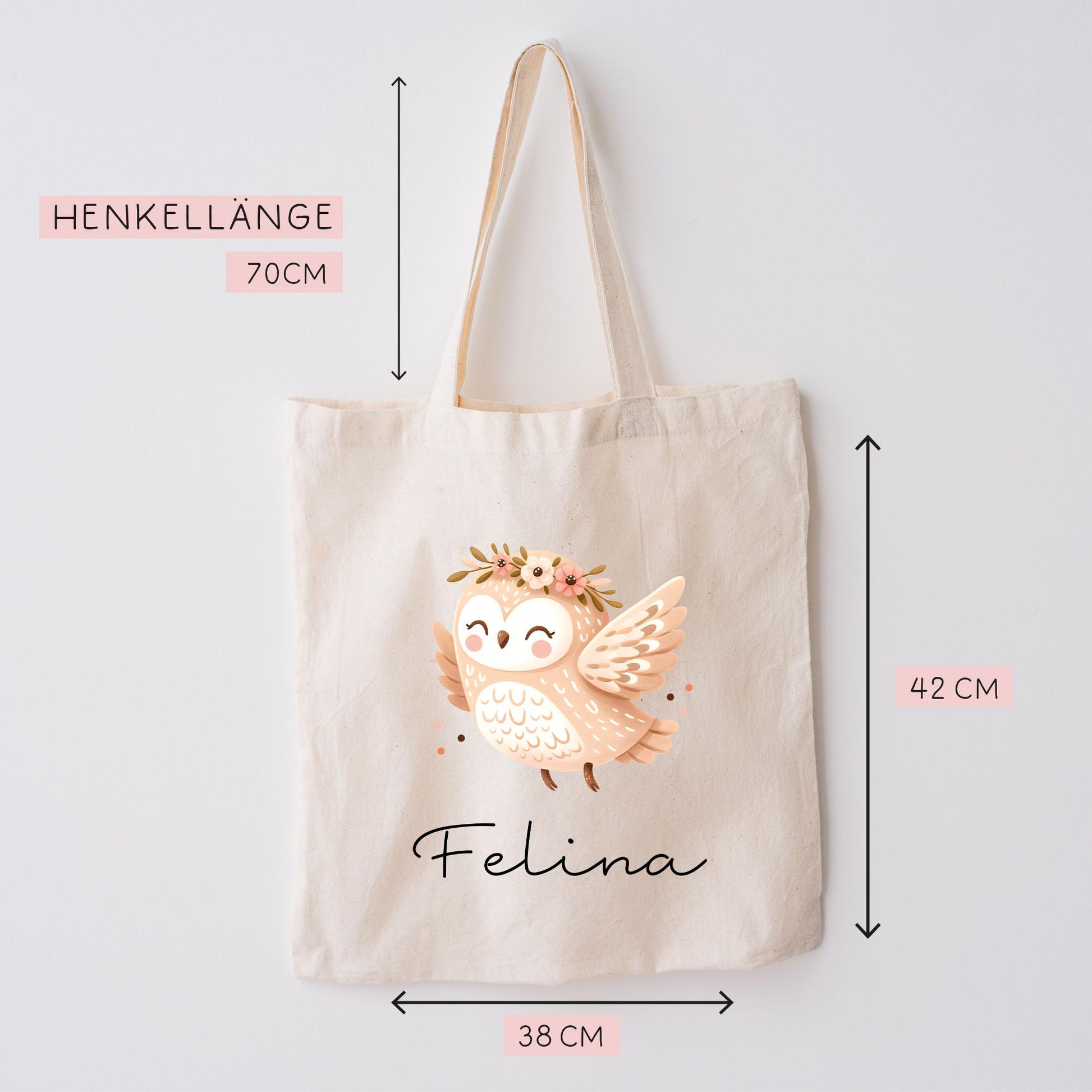 Stofftasche Beutel mit Namen Eule - Personalisierte Kinder Beutel Kindertasche - Wechselwäsche, Schmutzwäsche Tragetasche - Wechselkleidung  kleinebuchstaben   