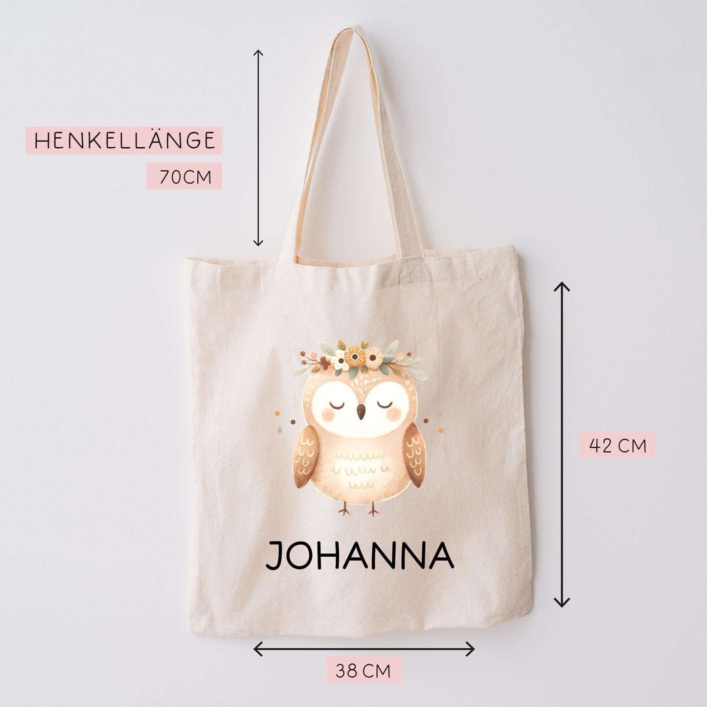 Stofftasche Beutel mit Namen Eule - Personalisierte Kinder Beutel Kindertasche - Wechselwäsche, Schmutzwäsche Tragetasche - Wechselkleidung  kleinebuchstaben   