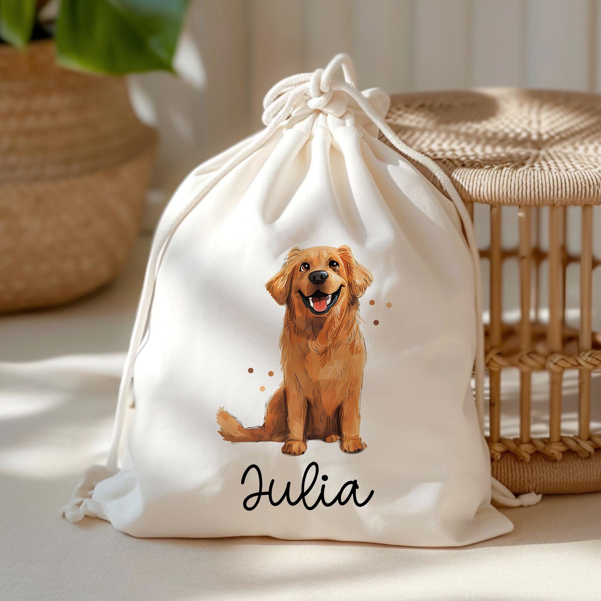 Personalisierte Stofftasche Golden Retriever Hund Name - Kinder Beutel Kindertasche mit Wunschname - Wechselwäsche - Tasche- Wechselkleidung  kleinebuchstaben Turnbeutel Schriftart 1 