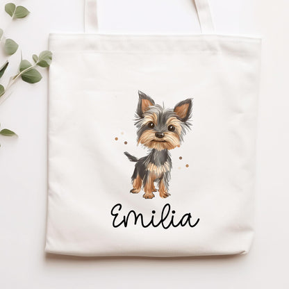 Personalisierte Stofftasche Hund Yorkshire Terrier Name - Kinder Beutel Kindertasche mit Wunschname - Wechselwäsche - Wechselkleidung  kleinebuchstaben Stofftasche Schriftart 1 