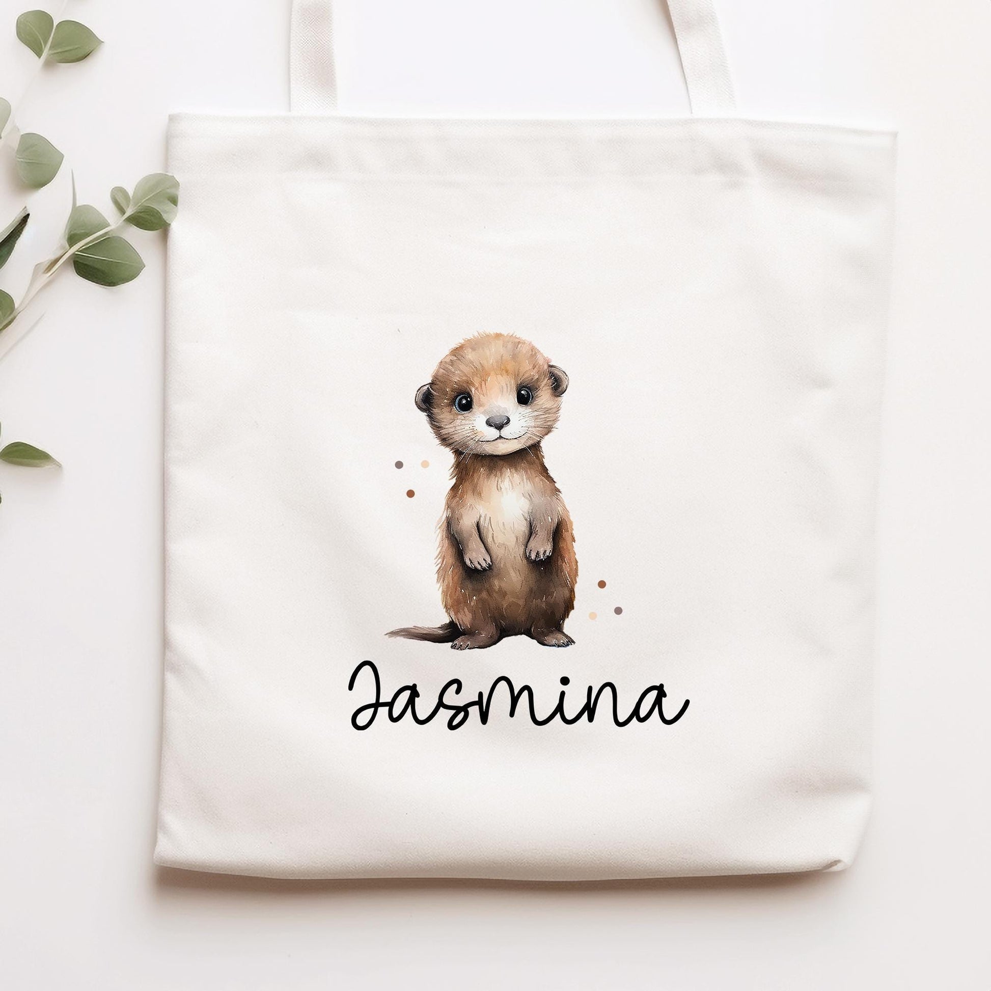 Personalisierte Stofftasche Otter Name - Kinder Beutel Kindertasche mit Wunschname - Wechselwäsche - Wechselkleidung - Tragetasche -Seeotter  kleinebuchstaben Stofftasche Schriftart 1 