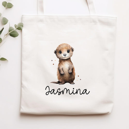 Personalisierte Stofftasche Otter Name - Kinder Beutel Kindertasche mit Wunschname - Wechselwäsche - Wechselkleidung - Tragetasche -Seeotter  kleinebuchstaben Stofftasche Schriftart 1 