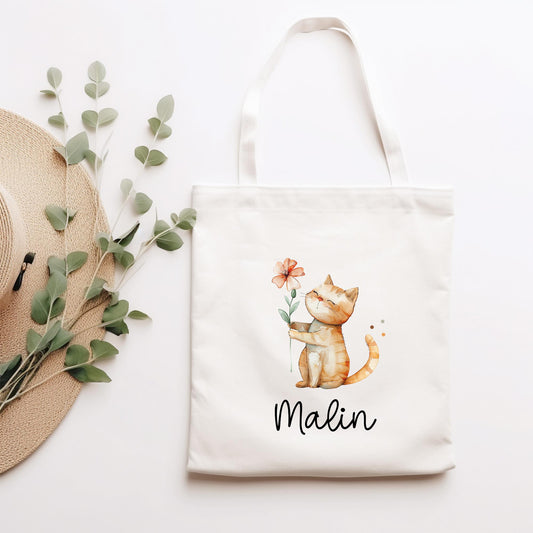 Personalisierte Stofftasche Katze Name - Kinder Beutel Kindertasche mit Wunschname - Wechselwäsche - Wechselkleidung - Tragetasche - Mietze  kleinebuchstaben   