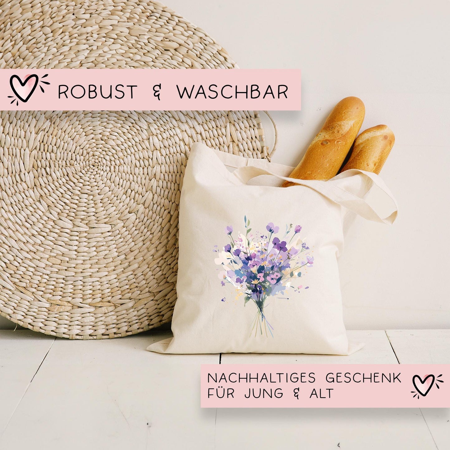 Stofftasche Baumwolltasche Blumenstrauß Tasche - Geschenk - Einkaufstasche für Frauen -Tragetasche Jutebeutel - Weihnachten - Oma - Nikolaus  kleinebuchstaben   