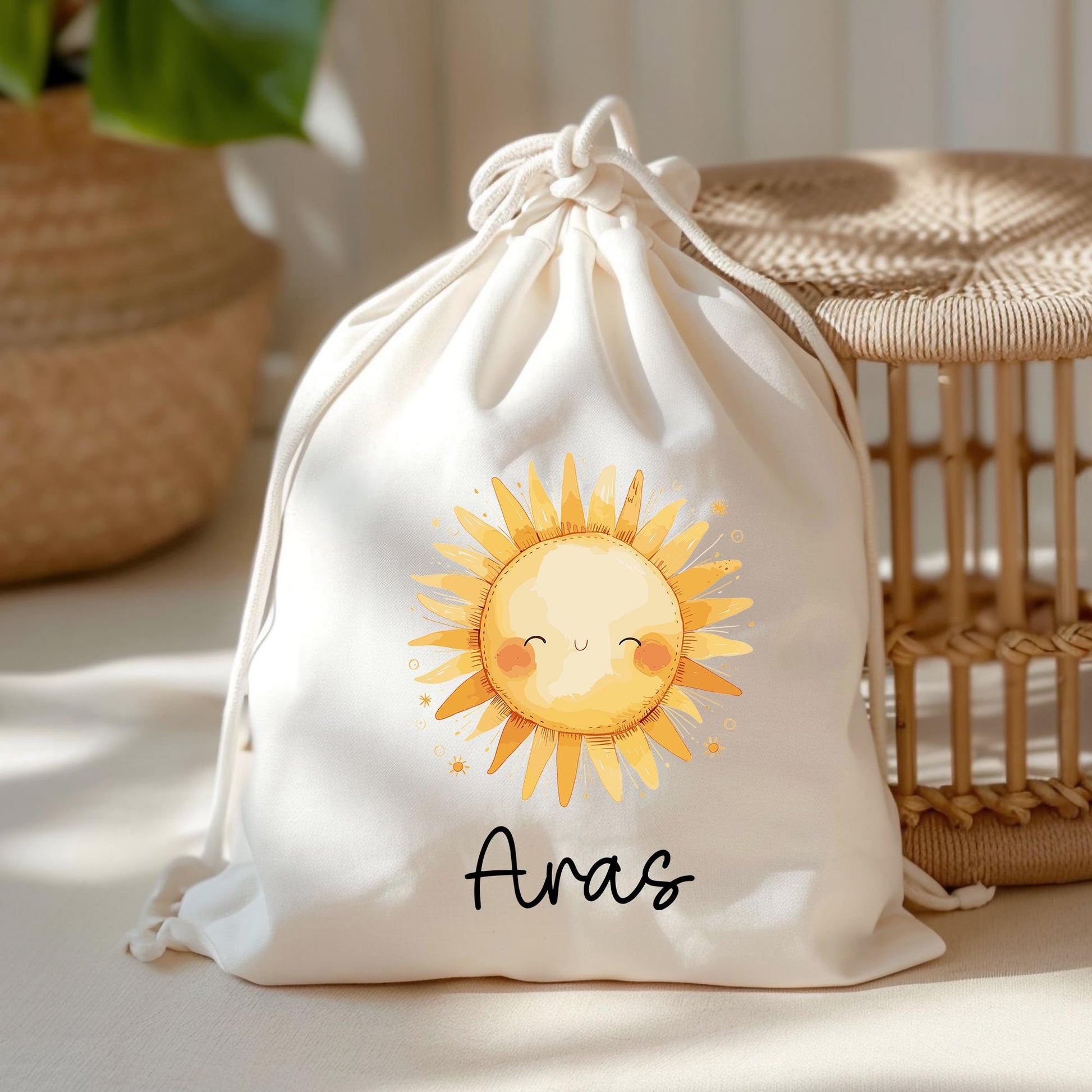 Stofftasche Sonne Personalisiert Tasche Baumwolltasche - Beutel Kindertasche mit oder ohne Wunschname - Wechselwäsche Jutebeutel - KIGA  kleinebuchstaben Turnbeutel Schriftart 1 