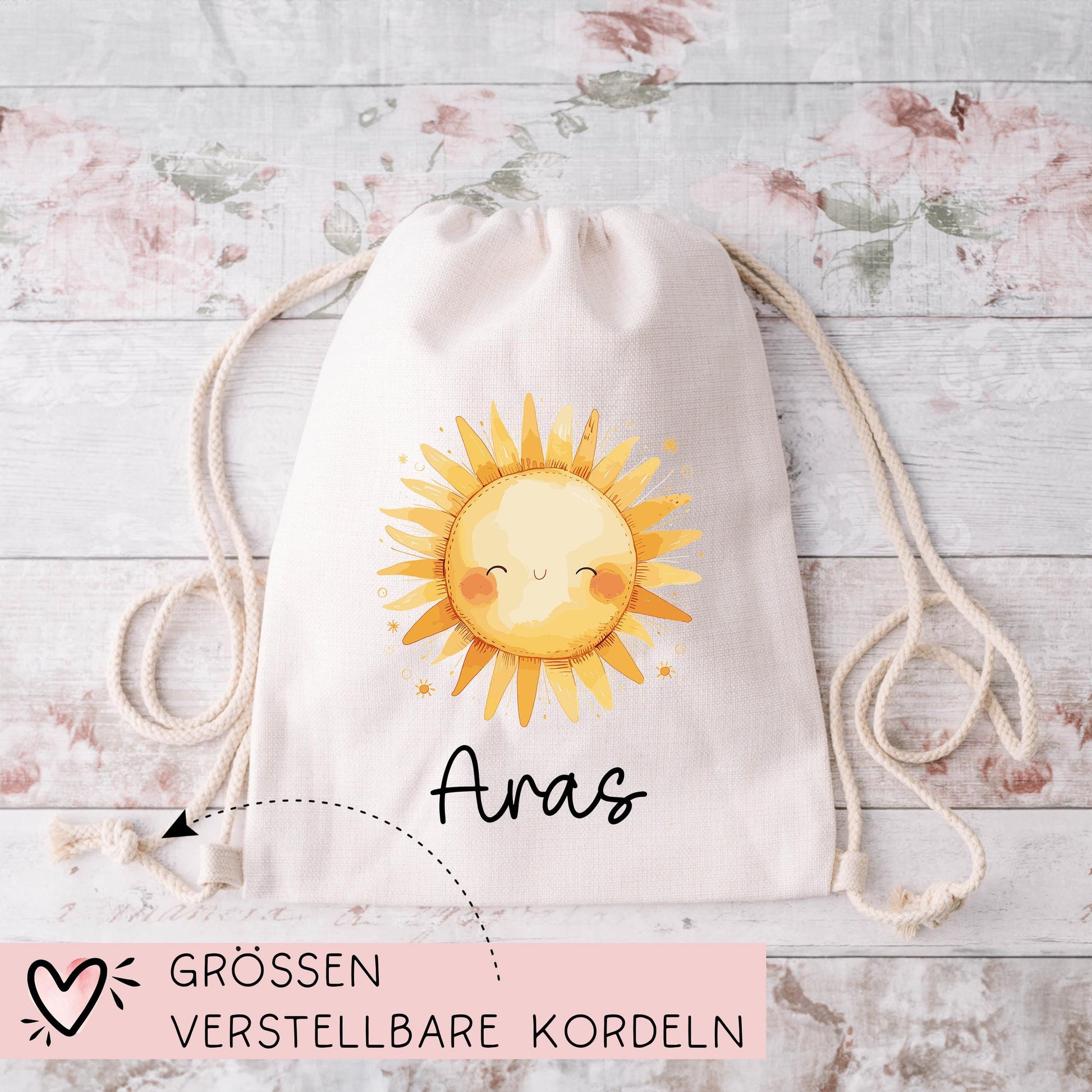 Stofftasche Sonne Personalisiert Tasche Baumwolltasche - Beutel Kindertasche mit oder ohne Wunschname - Wechselwäsche Jutebeutel - KIGA  kleinebuchstaben   