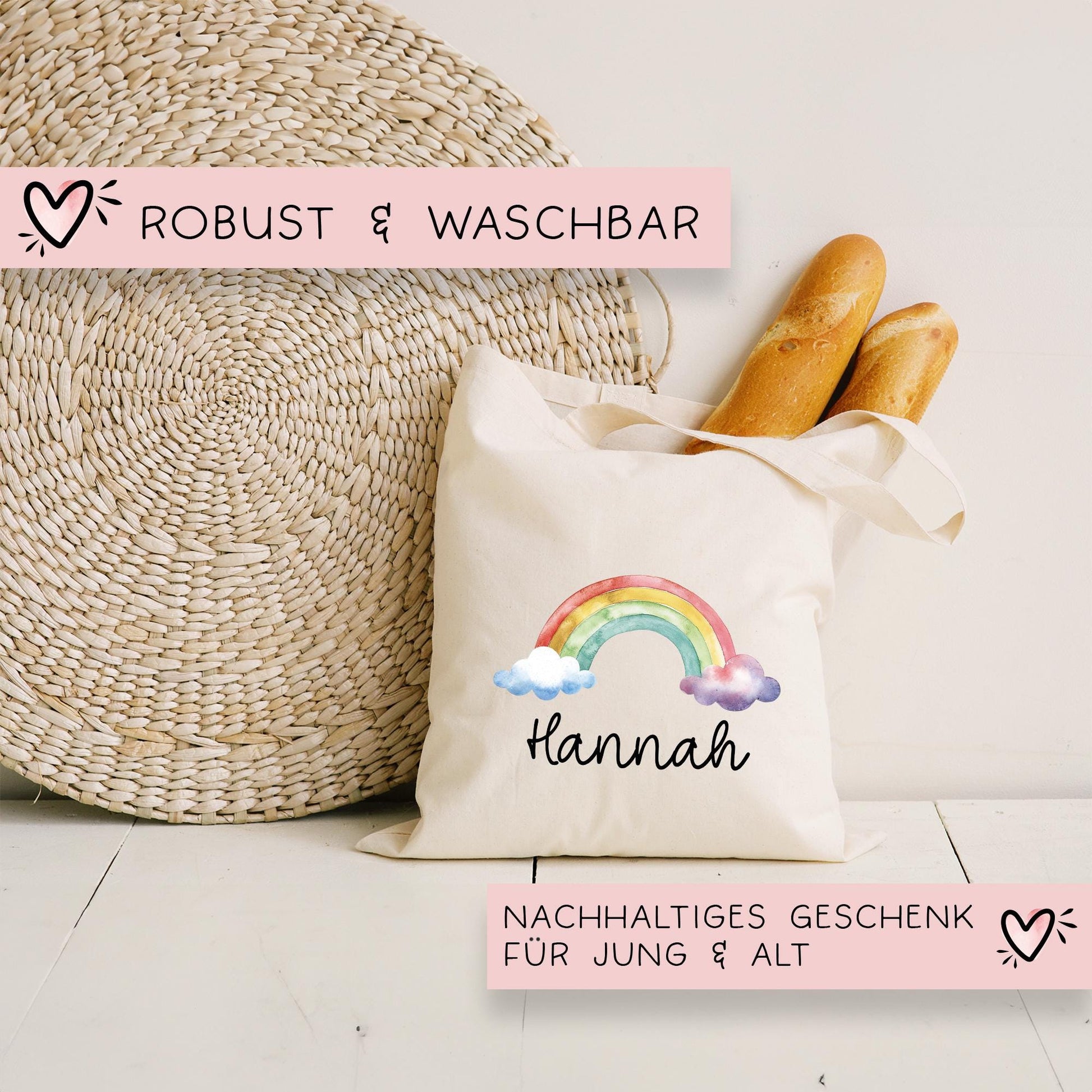 Stofftasche Regenbogen mit Namen Baumwolltasche Tasche - Personalisiert Beutel Kindertasche -Wunschname - Wechselwäsche - Jutebeutel - KIGA  kleinebuchstaben   