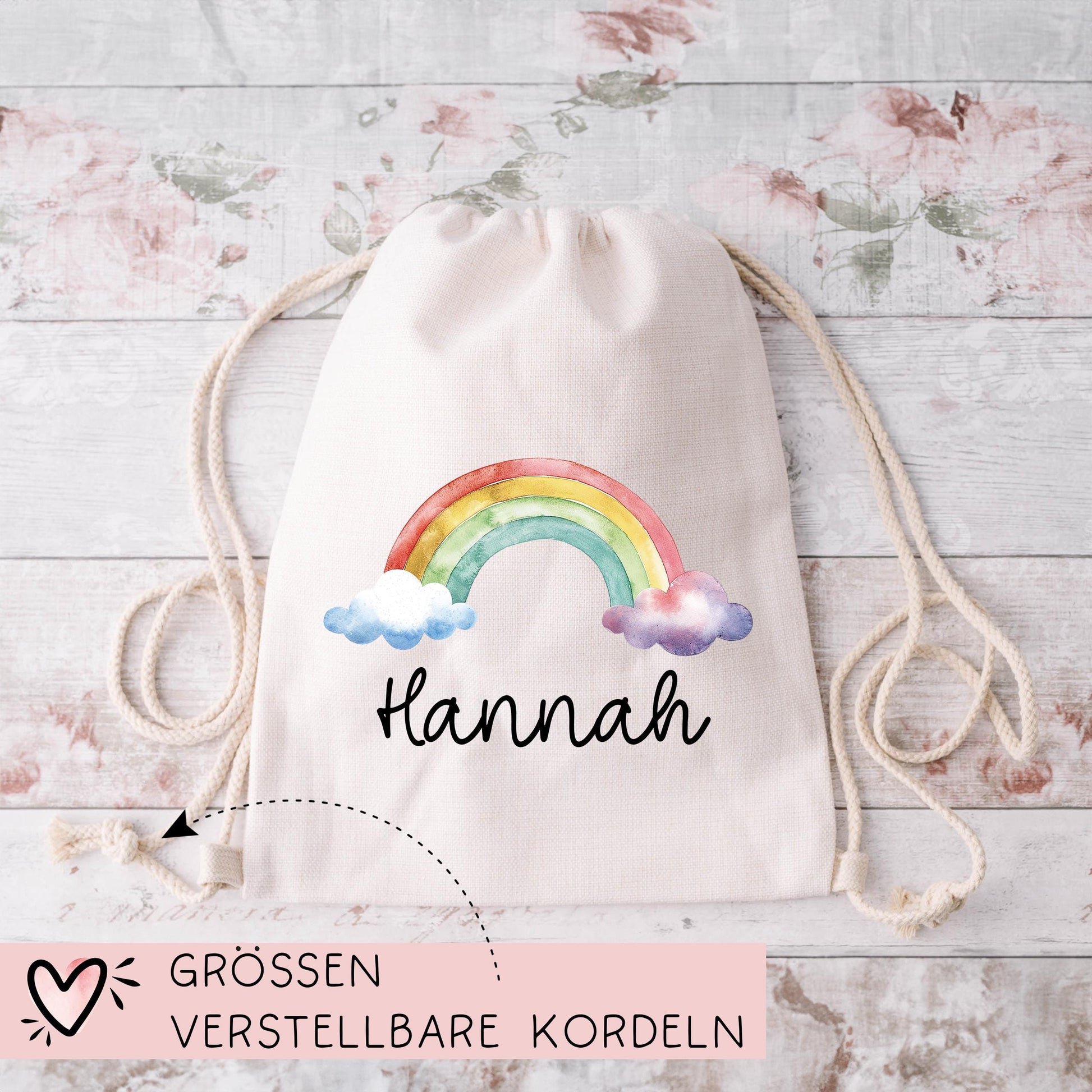 Stofftasche Regenbogen mit Namen Baumwolltasche Tasche - Personalisiert Beutel Kindertasche -Wunschname - Wechselwäsche - Jutebeutel - KIGA  kleinebuchstaben   