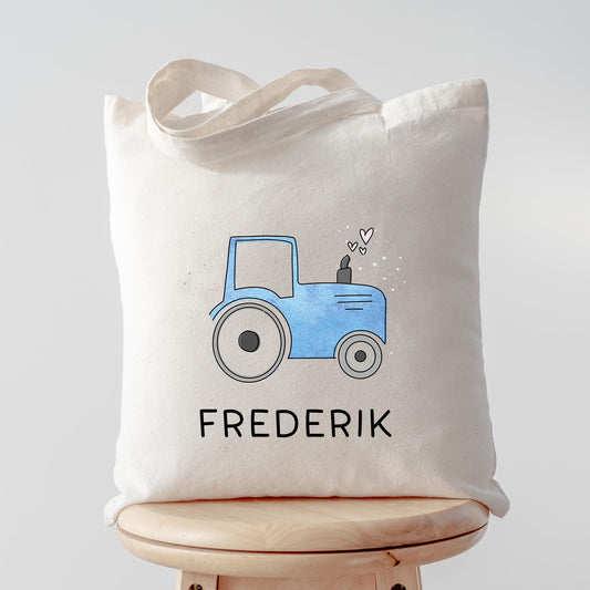 Traktor Blau Stofftasche Personalisiert & Name - Kinder Beutel Kindertasche mit Wunschname - Wechselwäsche - Wechselkleidung - Tragetasche  kleinebuchstaben Stofftasche Schriftart 1 