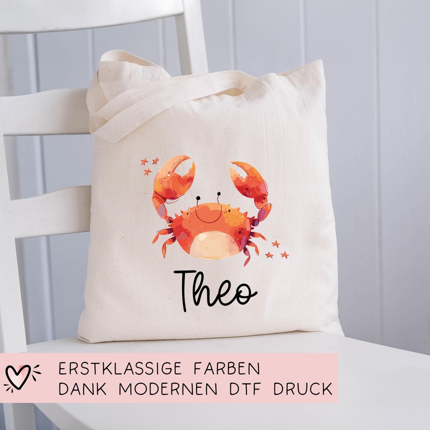 Stofftasche Krebs mit Namen Baumwolltasche Tasche - Personalisiert Beutel Kindertasche mit Wunschname - Wechselwäsche - Jutebeutel - KIGA  kleinebuchstaben   