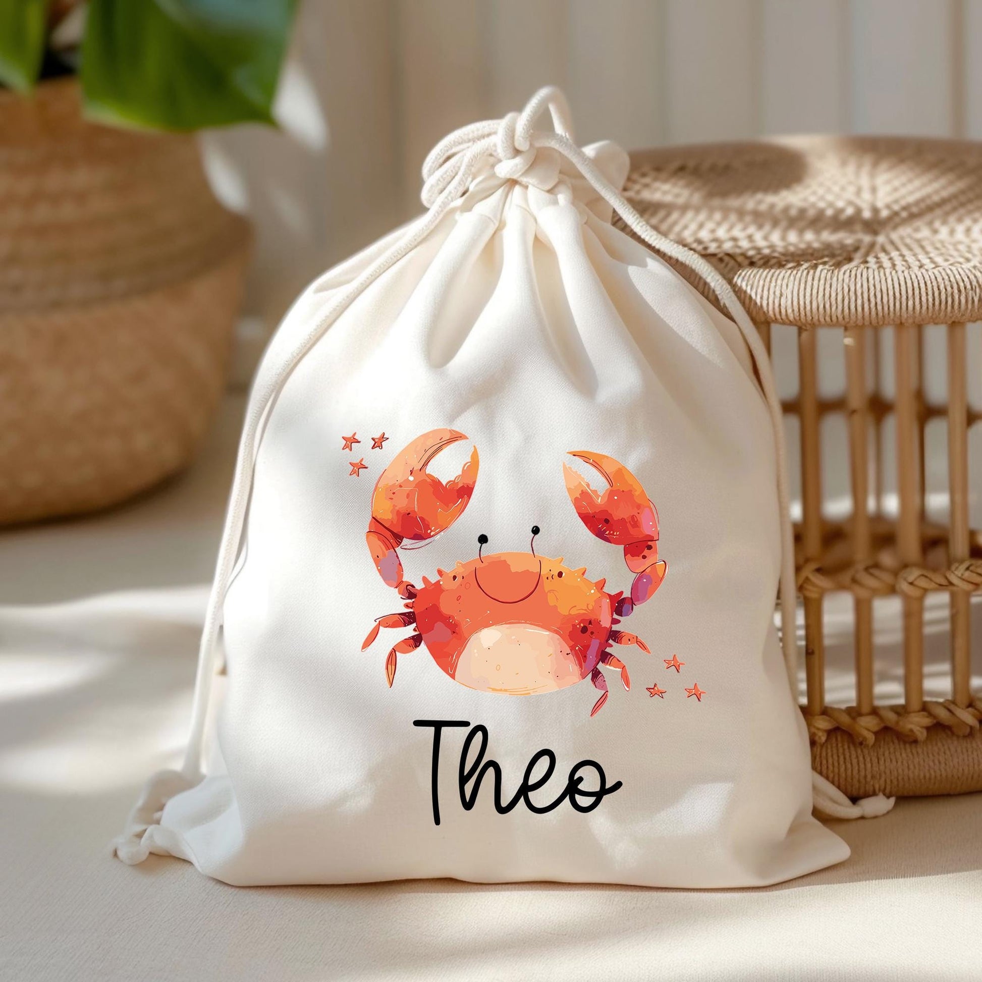 Stofftasche Krebs mit Namen Baumwolltasche Tasche - Personalisiert Beutel Kindertasche mit Wunschname - Wechselwäsche - Jutebeutel - KIGA  kleinebuchstaben Turnbeutel Schriftart 1 