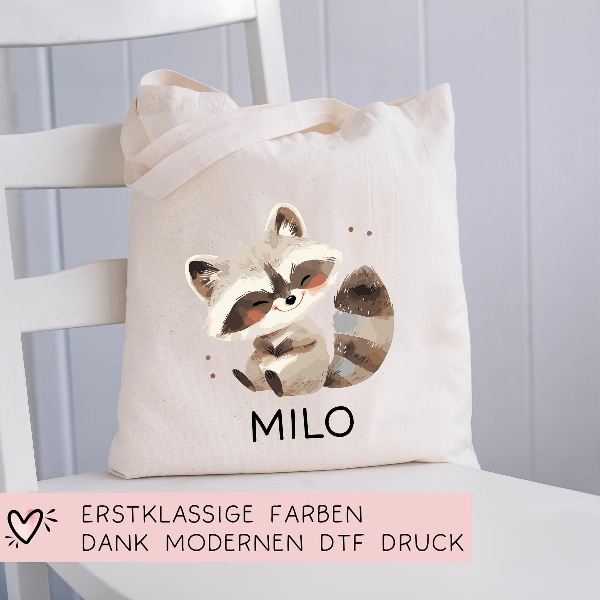 Stofftasche Waschbär mit Namen Baumwolltasche Tasche - Personalisiert Beutel Kindertasche mit Wunschname - Wechselwäsche - Jutebeutel - KIGA  kleinebuchstaben   