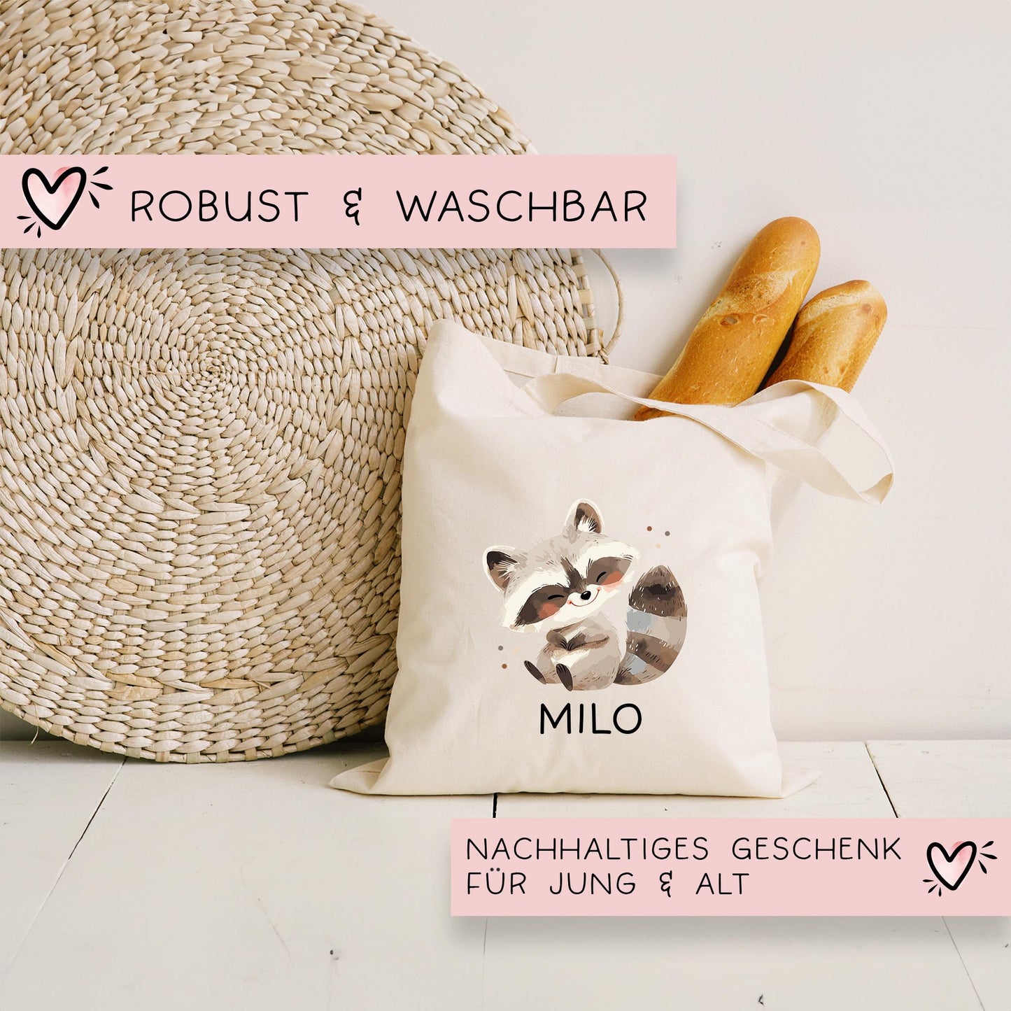 Stofftasche Waschbär mit Namen Baumwolltasche Tasche - Personalisiert Beutel Kindertasche mit Wunschname - Wechselwäsche - Jutebeutel - KIGA  kleinebuchstaben   