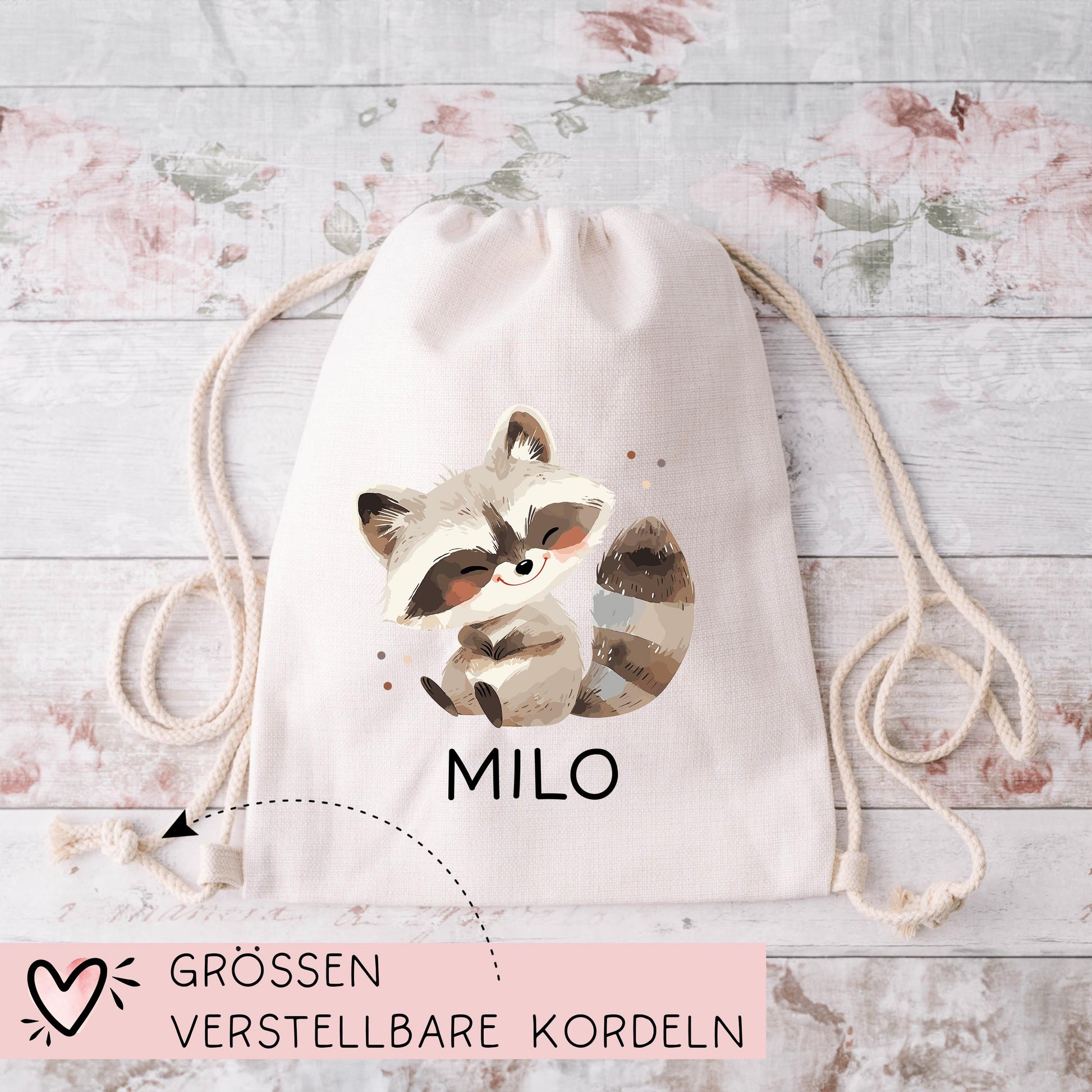 Stofftasche Waschbär mit Namen Baumwolltasche Tasche - Personalisiert Beutel Kindertasche mit Wunschname - Wechselwäsche - Jutebeutel - KIGA  kleinebuchstaben   