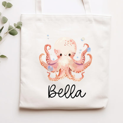 Stofftasche Krake mit Namen Baumwolltasche Tasche - Personalisiert Beutel Kindertasche mit Wunschname - Wechselwäsche - Jutebeutel - KIGA  kleinebuchstaben Stofftasche Schriftart 1 