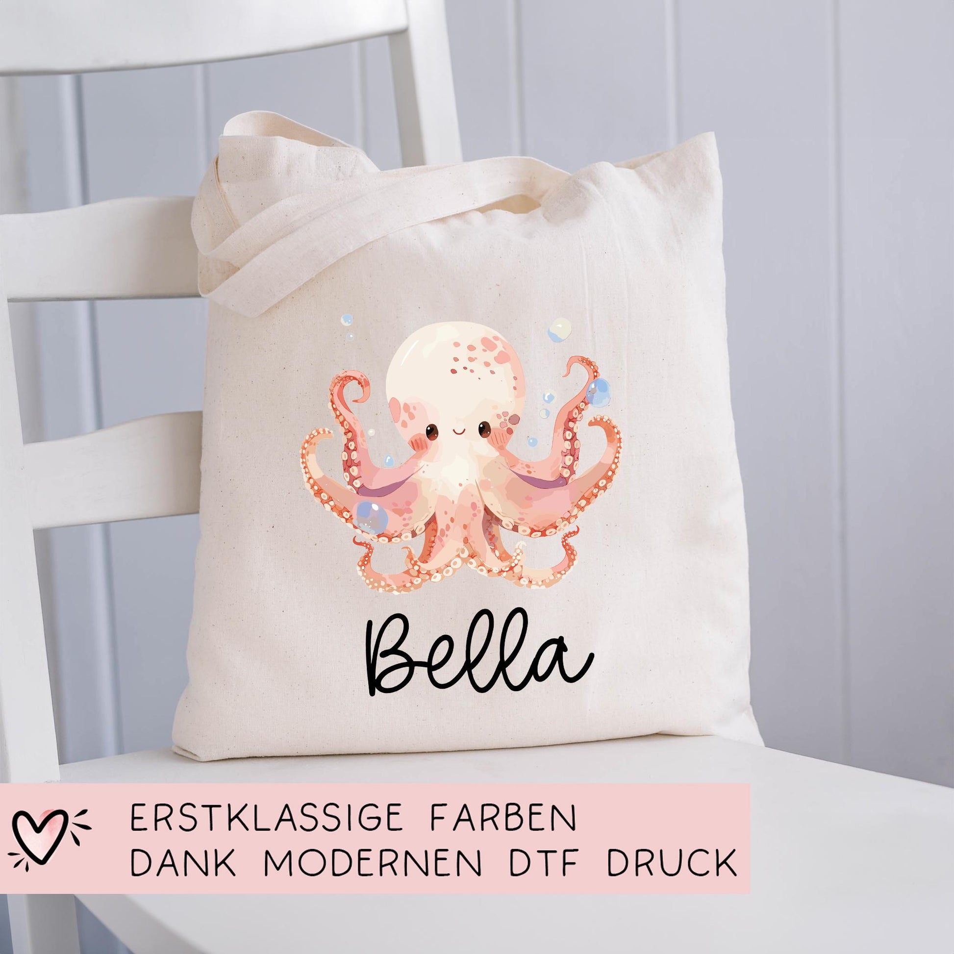 Stofftasche Krake mit Namen Baumwolltasche Tasche - Personalisiert Beutel Kindertasche mit Wunschname - Wechselwäsche - Jutebeutel - KIGA  kleinebuchstaben   