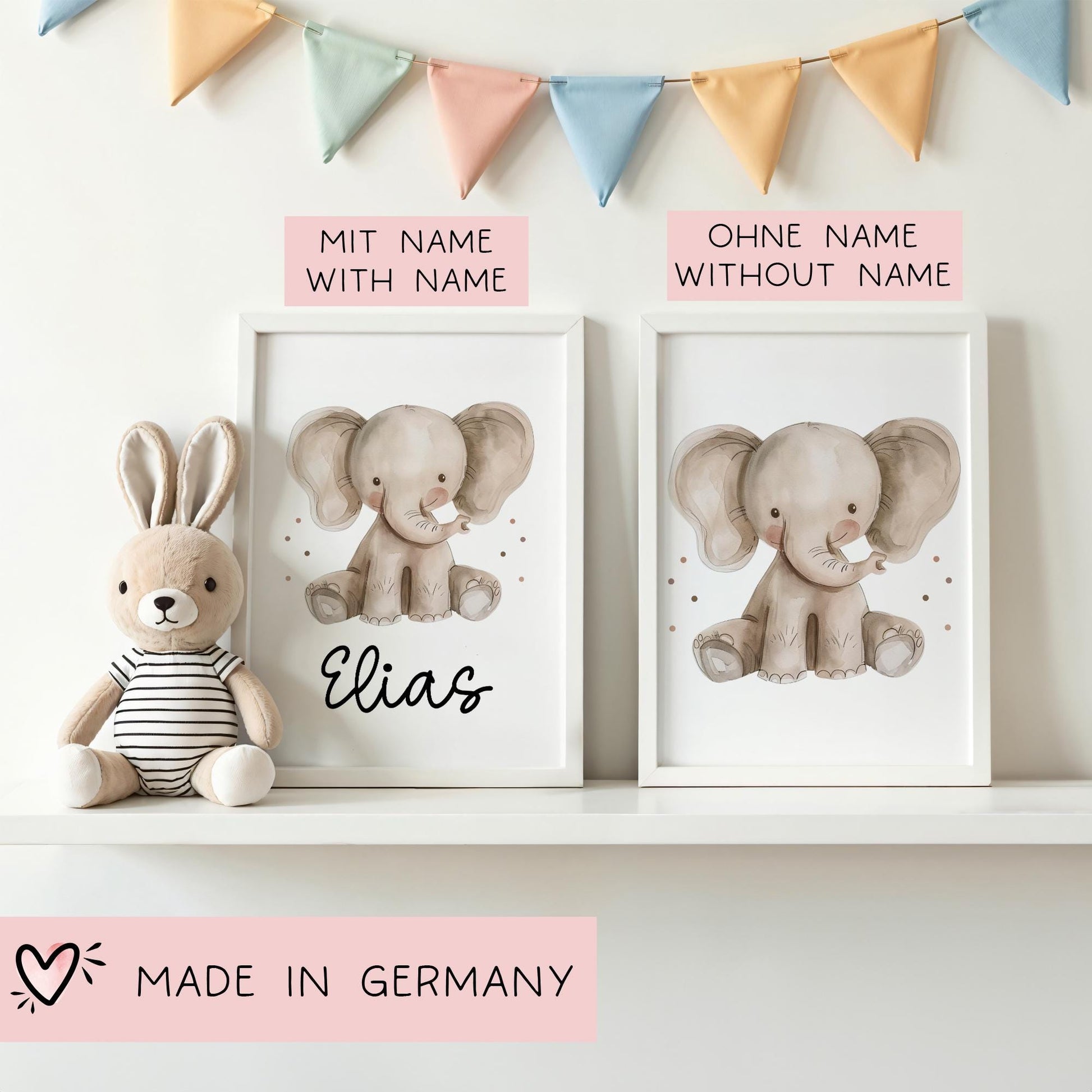 Süßer Elefant Poster Personalisiert mit oder ohne Namen für Kinderzimmer. Namensposter - Geschenkidee. Geschenk - Wanddeko Jungen Mädchen  kleinebuchstaben   