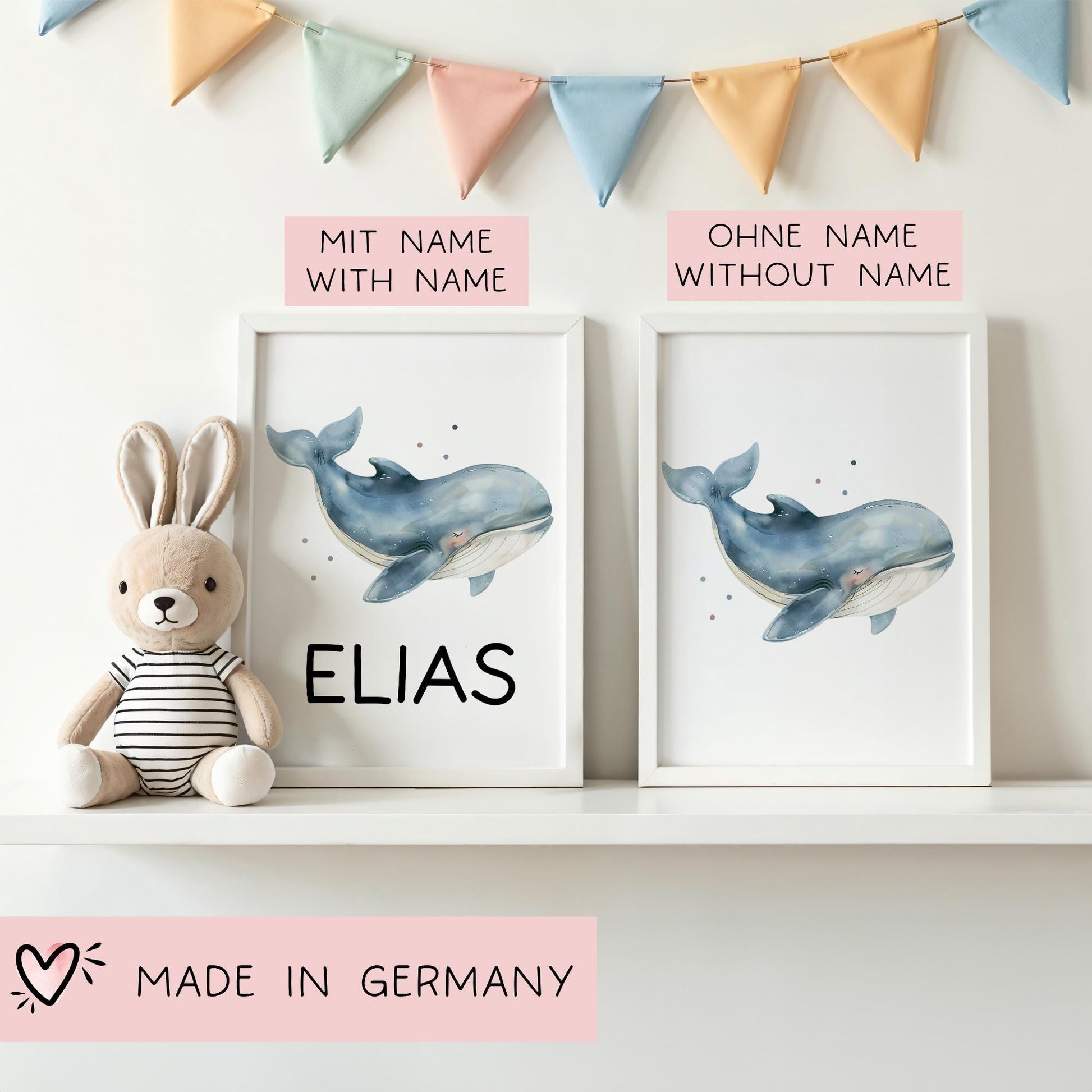 Süßes Wal Poster Personalisiert mit oder ohne Namen für Kinderzimmer - als Namensposter - Geschenkidee. Geschenk - Wanddeko Jungen Mädchen  kleinebuchstaben   