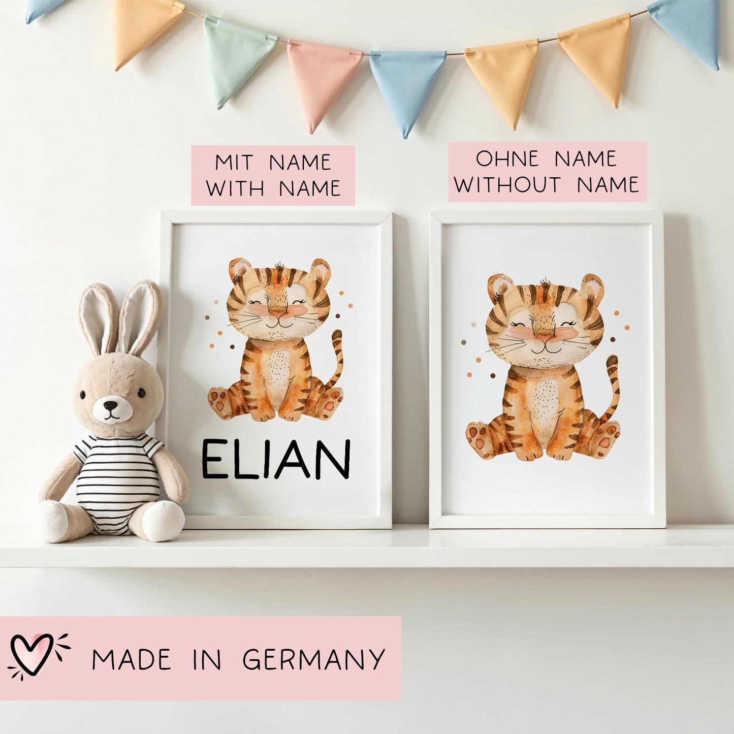 DIN A4 Poster mit Namen Tiger - Personalisiert mit od. ohne Namen für Kinderzimmer -Namensposter - Geschenkidee. Geschenk - Wanddeko Jungen  kleinebuchstaben   