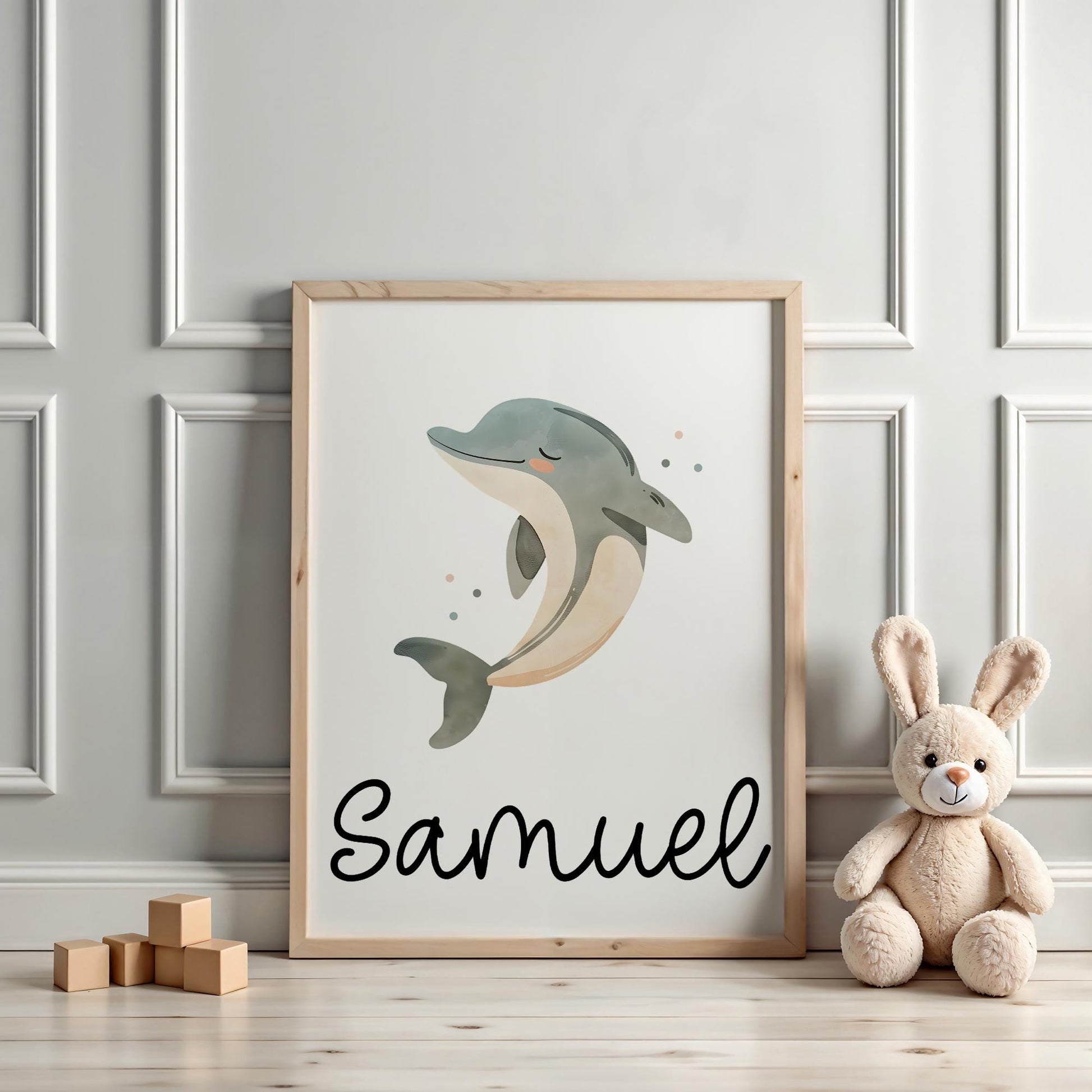 Delfin DIN A4 Poster mit Namen - Personalisiert mit od. ohne Namen für Kinderzimmer -Namensposter - Geschenkidee. Geschenk - Wanddeko Tiere  kleinebuchstaben   