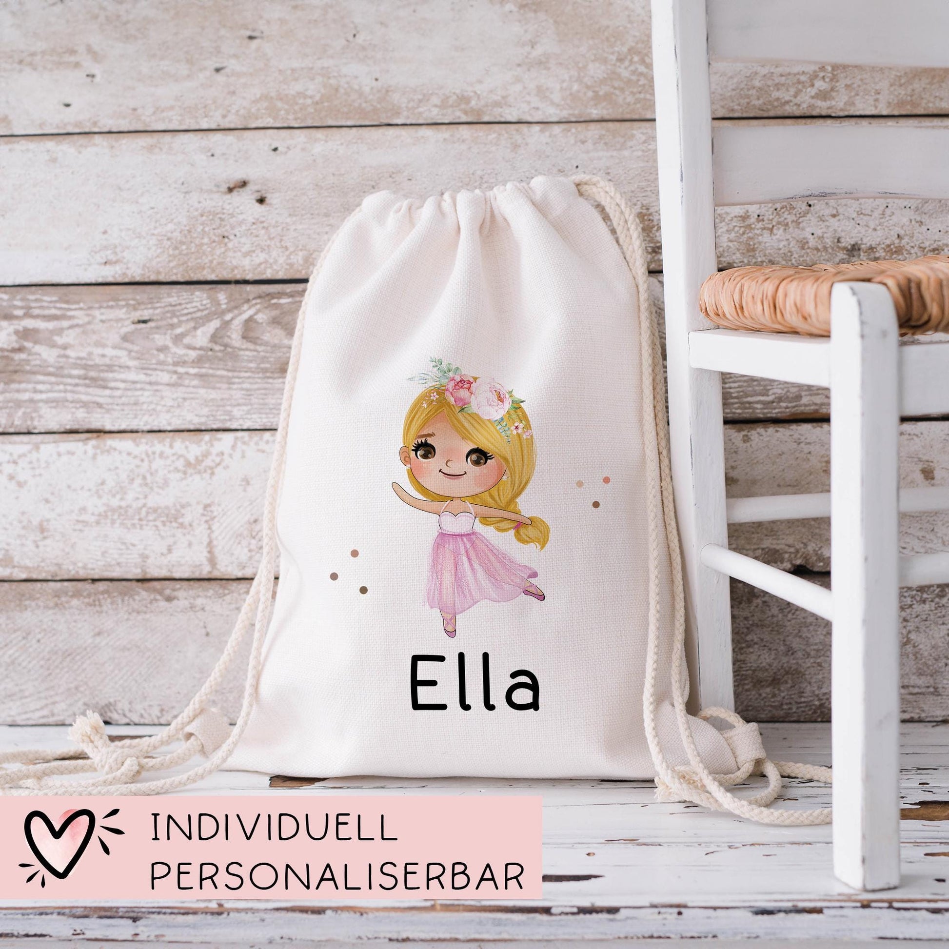 Turnbeutel Ballerina Tanzend mit Namen personalisiert Personalisierte Tasche als Sportbeutel, Kindergarten, Wäschebeutel Mädchen Blond Braun  kleinebuchstaben   