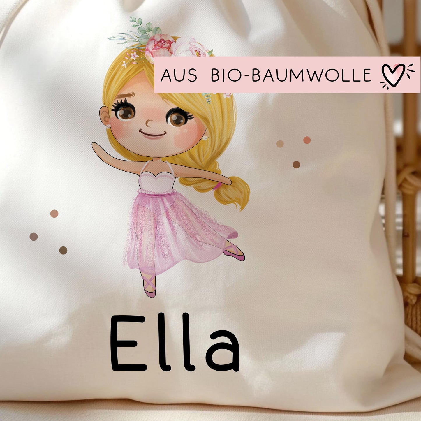 Turnbeutel Ballerina Tanzend mit Namen personalisiert Personalisierte Tasche als Sportbeutel, Kindergarten, Wäschebeutel Mädchen Blond Braun  kleinebuchstaben   