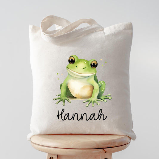 Frosch Stofftasche Tasche Personalisiert & Name - Kinder Beutel Kindertasche mit Wunschname - Wechselwäsche - Wechselkleidung - Sport  kleinebuchstaben Stofftasche Schriftart 1 