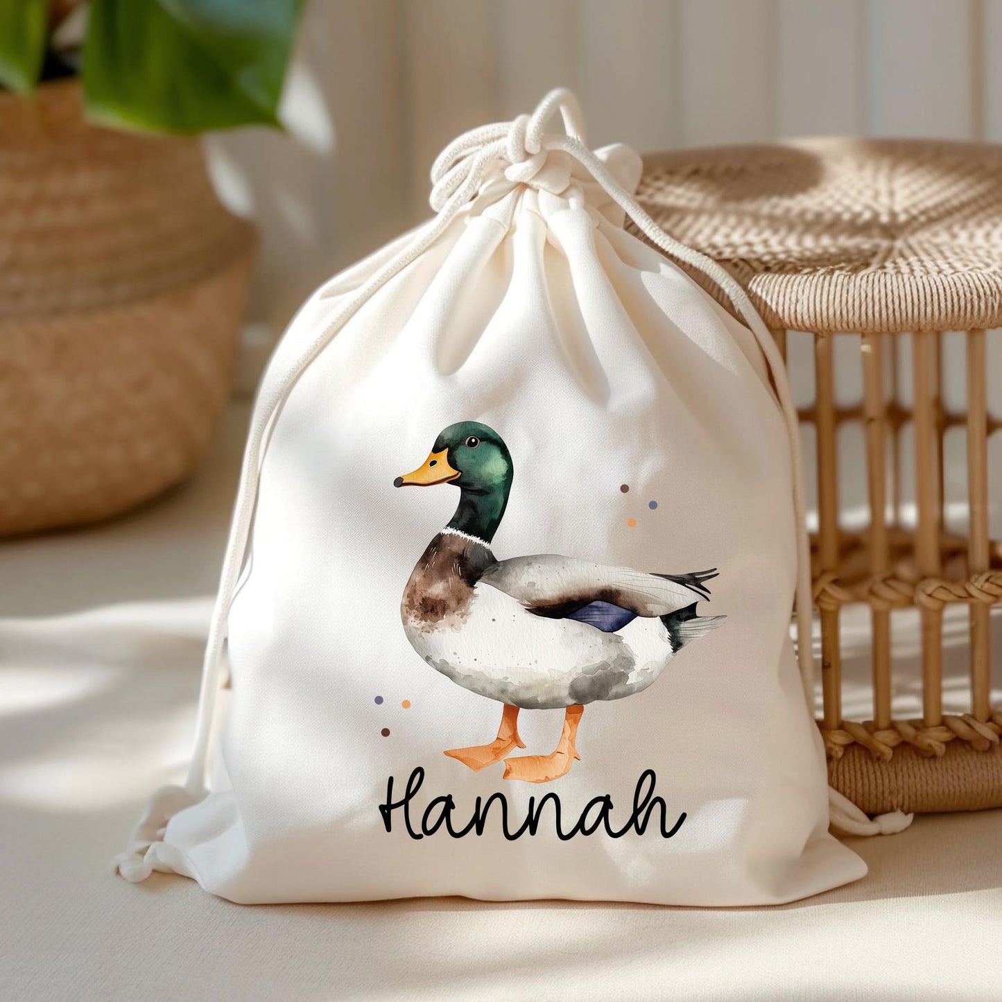 Ente Stofftasche Tasche Personalisiert & Name - Erpel Kinder Beutel Kindertasche mit Wunschname - Wechselwäsche - Kindergarten Schule -Sport  kleinebuchstaben Turnbeutel Schriftart 1 