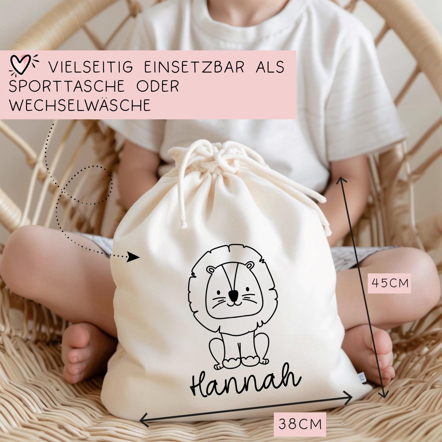 Löwe Turnbeutel Personalisiert mit Namen Tasche Rucksack als Kindergarten, Sportbeutel, Schule, KITA Wäschebeutel Weihnachten Nikolaus  kleinebuchstaben   