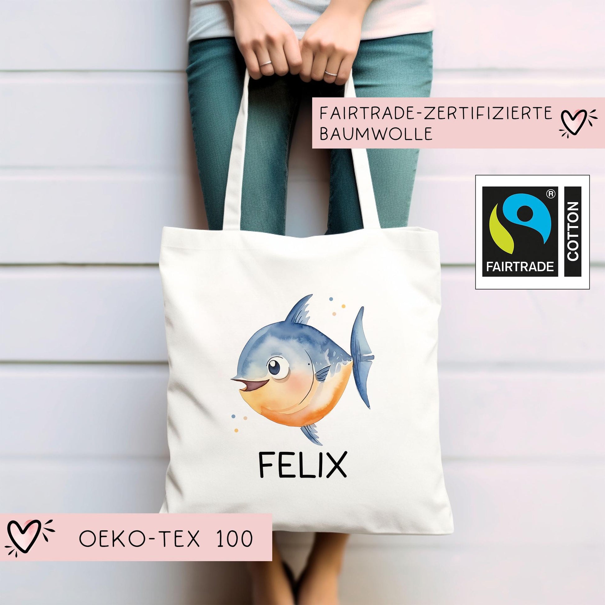 Stofftasche Fisch Personalisiert Tasche & Name - Kinder Beutel Kindertasche mit Wunschname - Wechselwäsche Jutebeutel - Kindergarten  kleinebuchstaben   