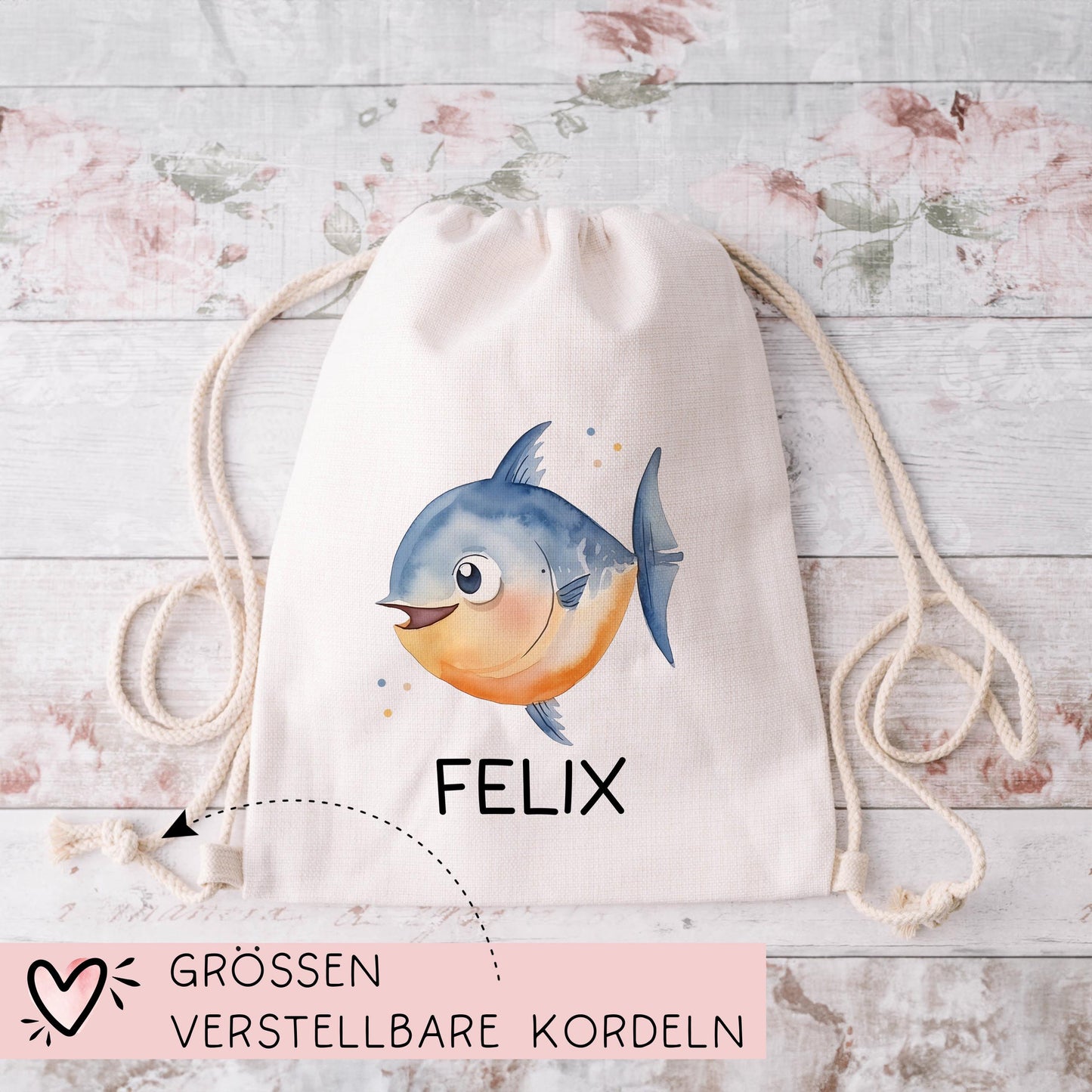 Stofftasche Fisch Personalisiert Tasche & Name - Kinder Beutel Kindertasche mit Wunschname - Wechselwäsche Jutebeutel - Kindergarten  kleinebuchstaben   