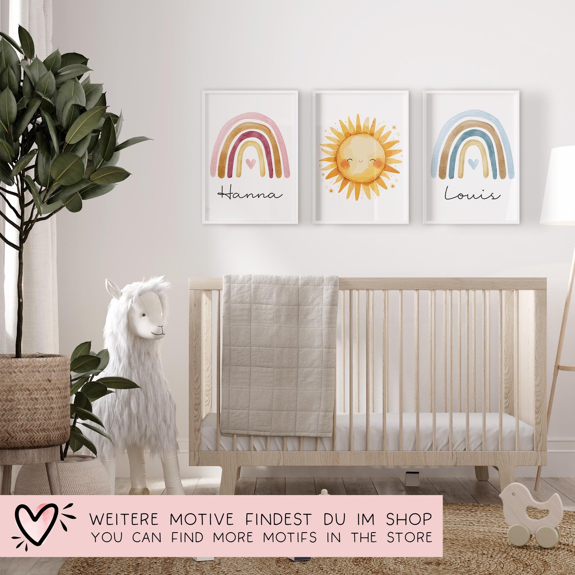 Regenbogen Boho Poster Personalisiert mit oder ohne Namen für Kinderzimmer. Namensposter - Geschenkidee. Geschenk Baby - Wanddeko - Rosa Rot  kleinebuchstaben   