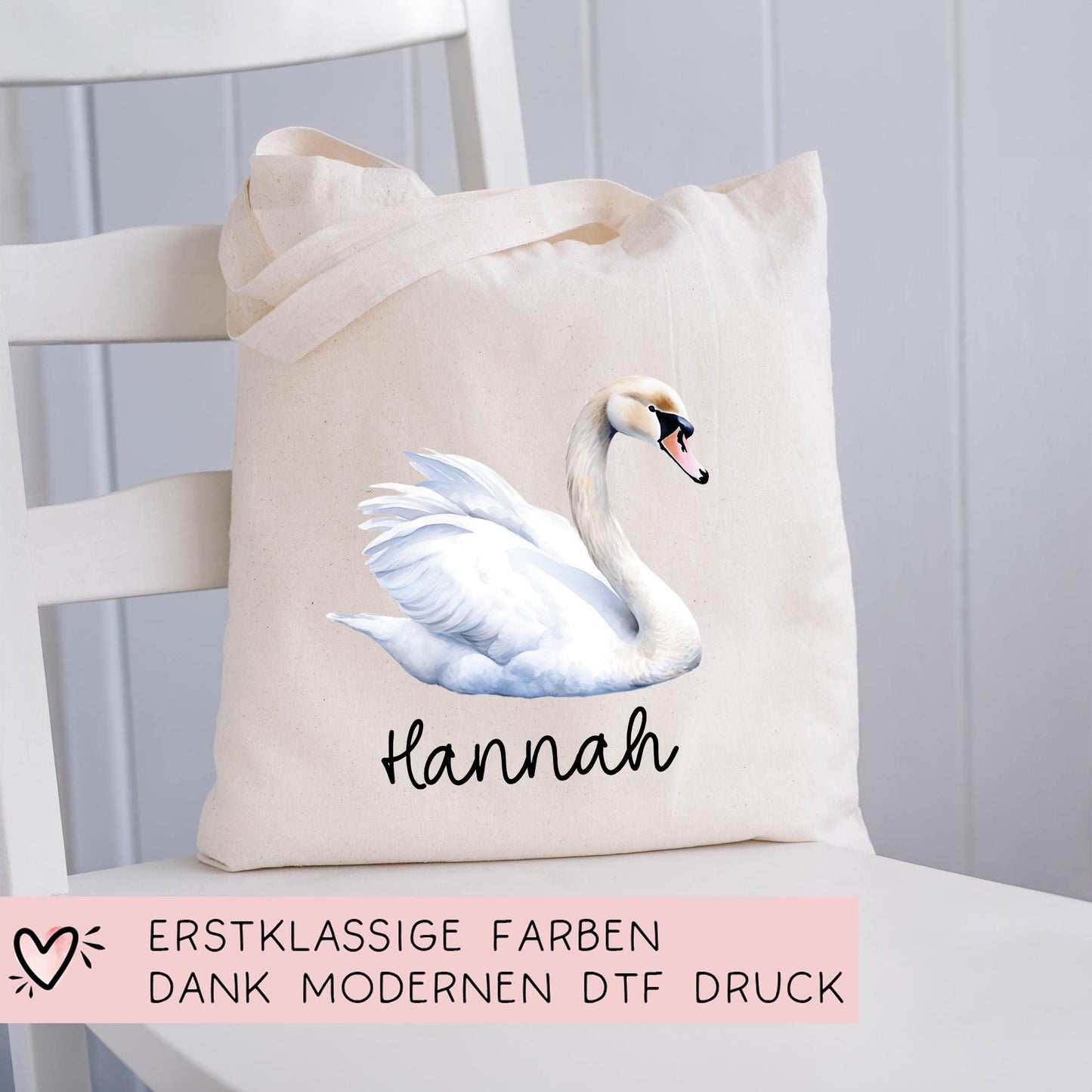 Stofftasche Schwan mit Namen Baumwolltasche Tasche - Personalisiert Beutel Kindertasche -Wunschname - Wechselwäsche - Jutebeutel - KIGA  kleinebuchstaben   