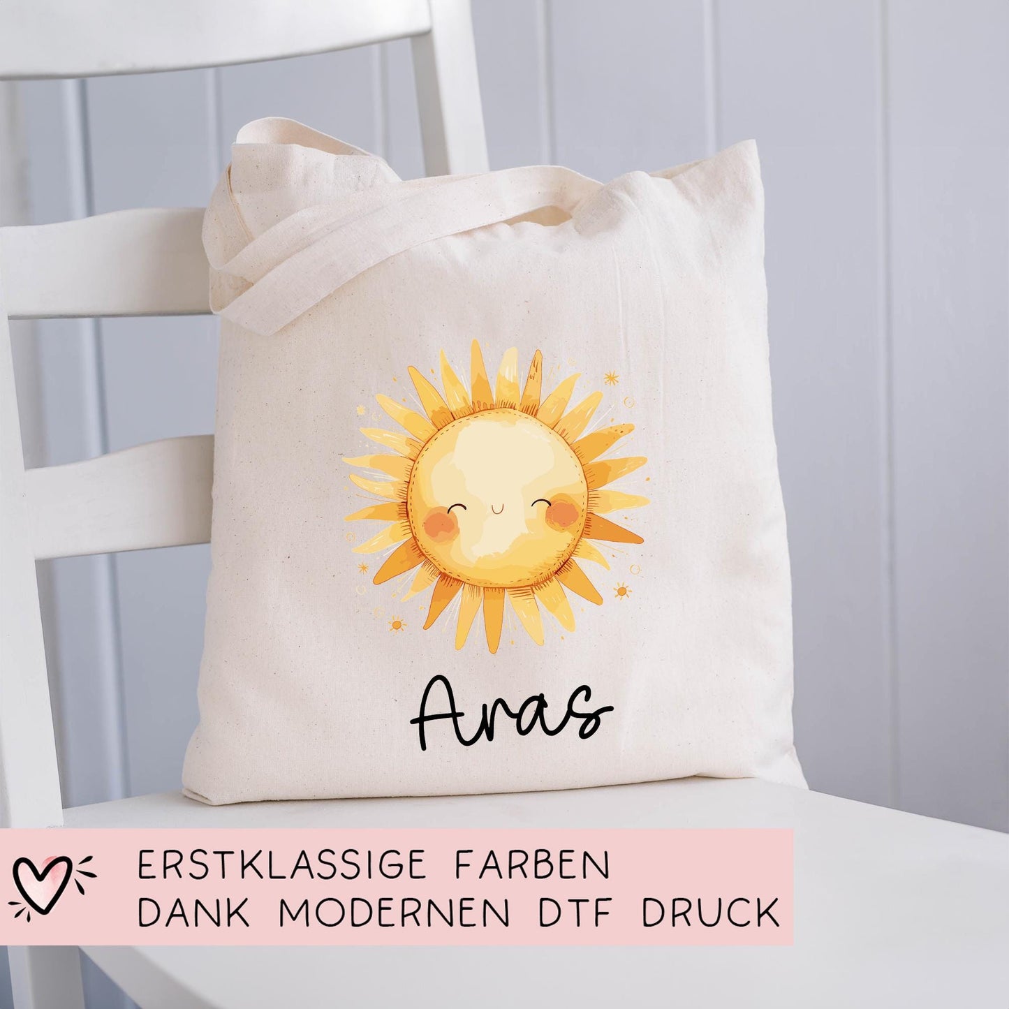 Stofftasche Sonne Personalisiert Tasche Baumwolltasche - Beutel Kindertasche mit oder ohne Wunschname - Wechselwäsche Jutebeutel - KIGA  kleinebuchstaben   