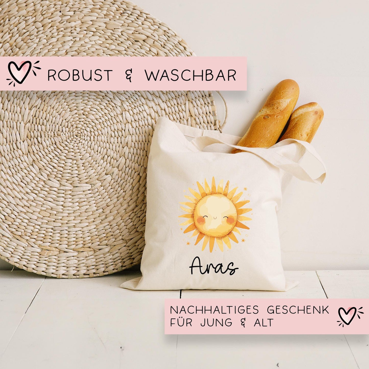 Stofftasche Sonne Personalisiert Tasche Baumwolltasche - Beutel Kindertasche mit oder ohne Wunschname - Wechselwäsche Jutebeutel - KIGA  kleinebuchstaben   