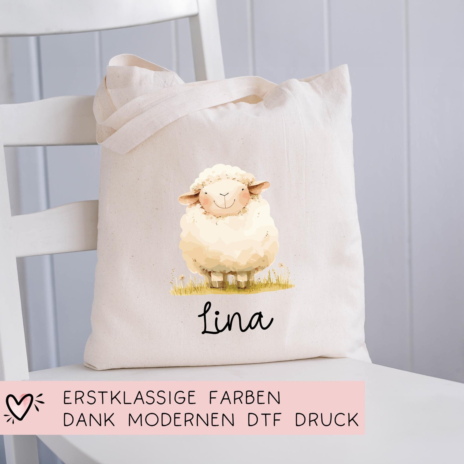 Stofftasche Schaf mit Namen Baumwolltasche Tasche - Personalisiert Beutel Kindertasche mit Wunschname - Wechselwäsche - Jutebeutel - KIGA  kleinebuchstaben   