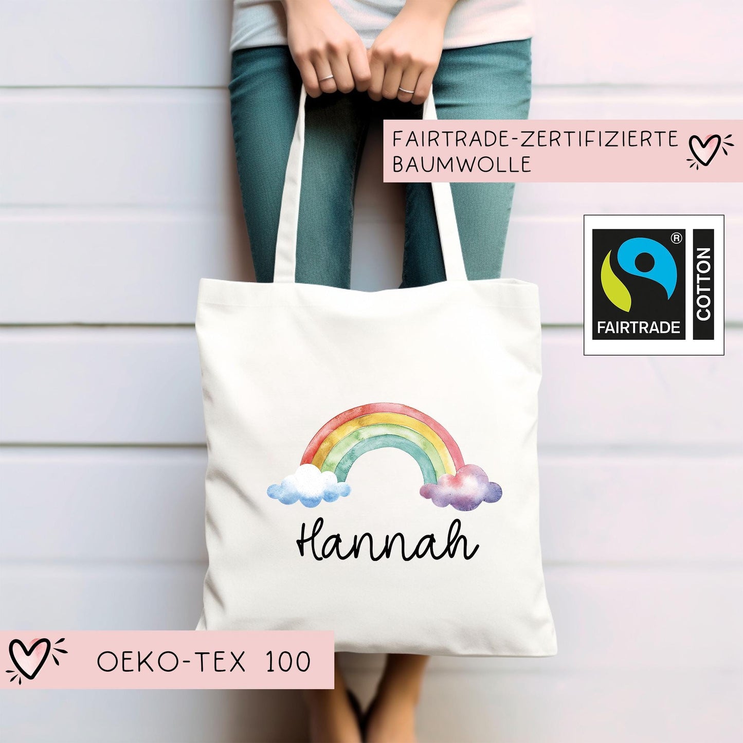 Stofftasche Regenbogen mit Namen Baumwolltasche Tasche - Personalisiert Beutel Kindertasche -Wunschname - Wechselwäsche - Jutebeutel - KIGA  kleinebuchstaben   