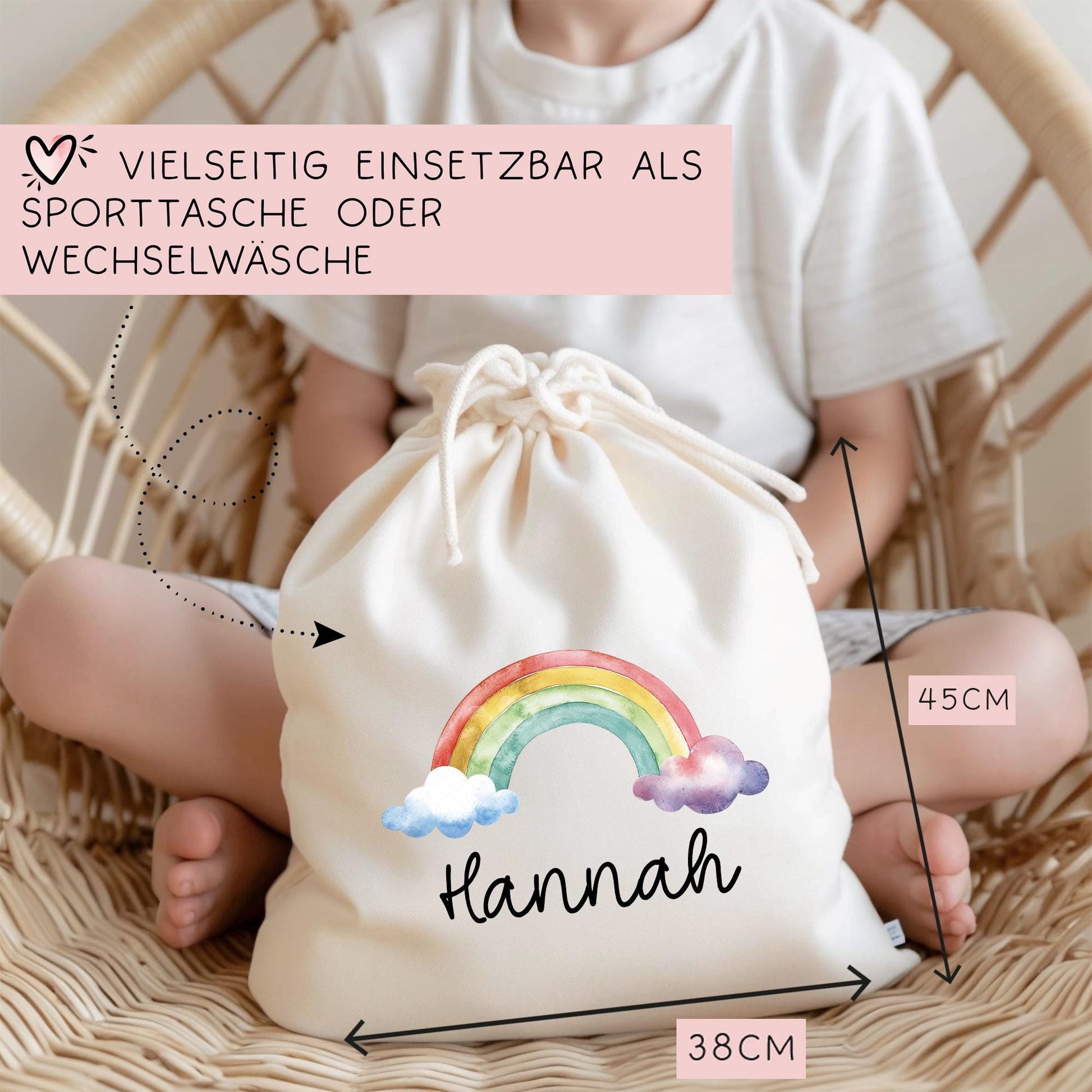 Turnbeutel Regenbogen mit Namen- Personalisiert - Wechselwäsche - Wunschnamen - Kindergarten - Schule - Name - Wechselkleidung - Weihnachten  kleinebuchstaben   