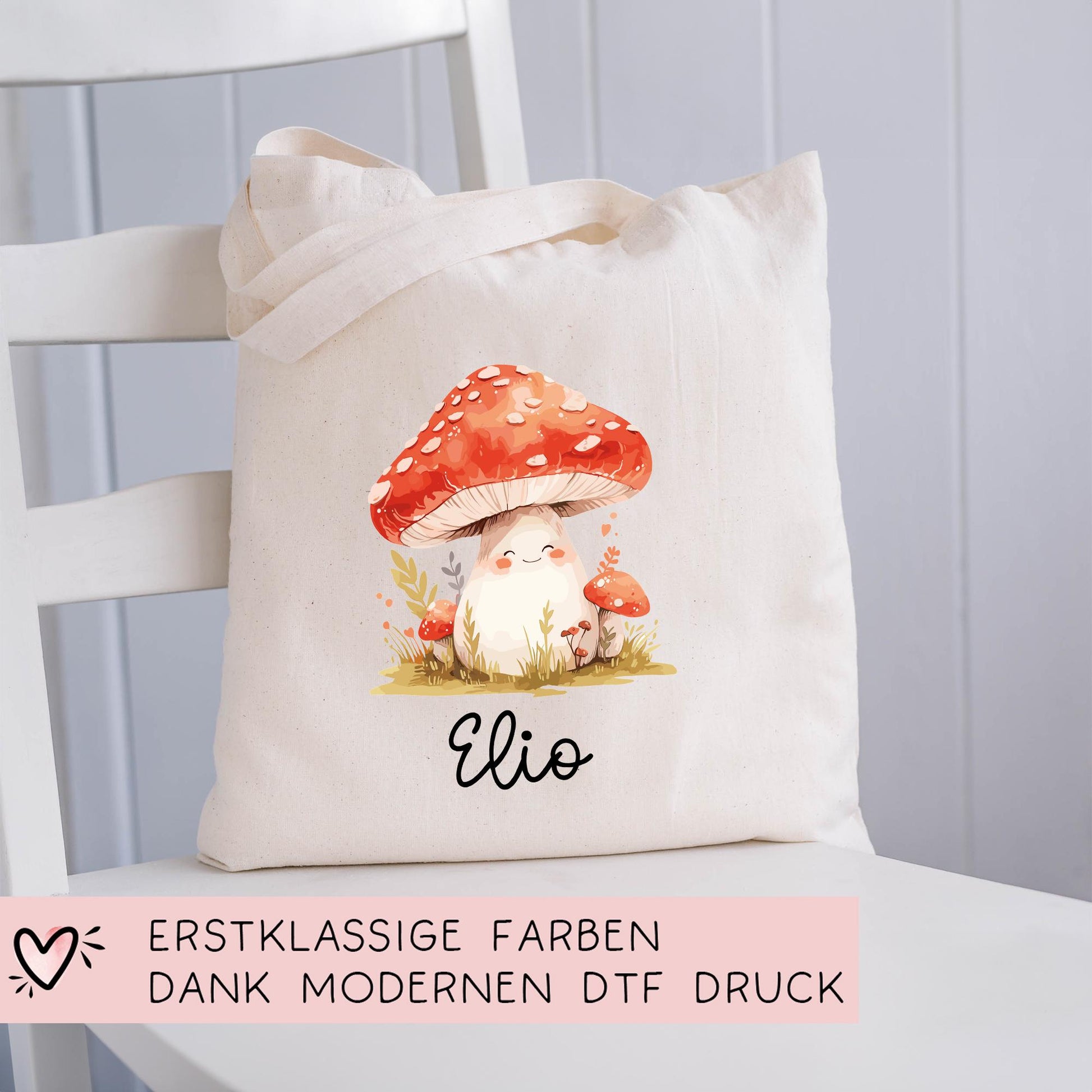 Stofftasche Fliegenpilz mit Namen Baumwolltasche Tasche - Personalisiert Beutel Kindertasche -Wunschname - Wechselwäsche - Jutebeutel - KIGA  kleinebuchstaben   