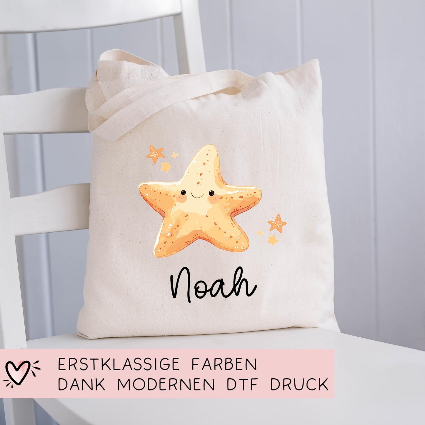 Stofftasche Seestern mit Namen Baumwolltasche Tasche - Personalisiert Beutel Kindertasche mit Wunschname - Wechselwäsche - Jutebeutel - KIGA  kleinebuchstaben   