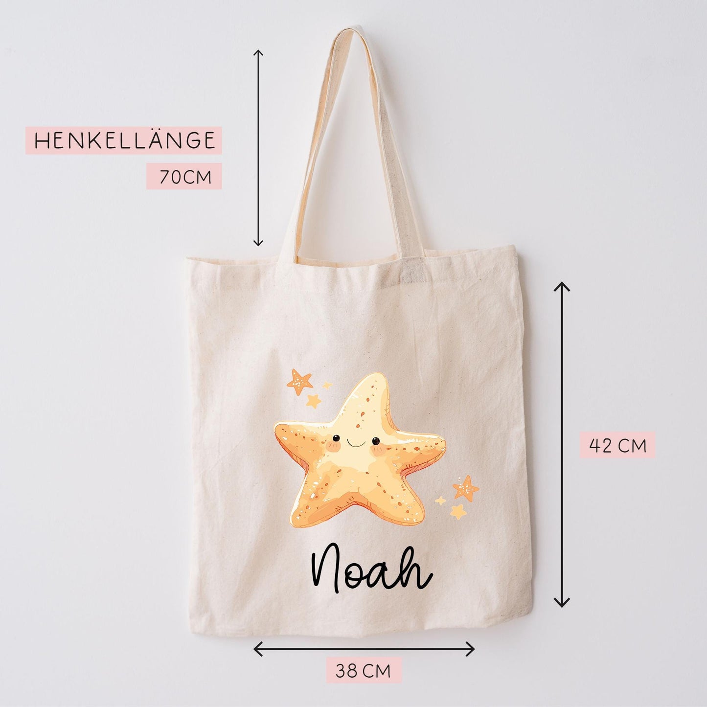 Stofftasche Seestern mit Namen Baumwolltasche Tasche - Personalisiert Beutel Kindertasche mit Wunschname - Wechselwäsche - Jutebeutel - KIGA  kleinebuchstaben   